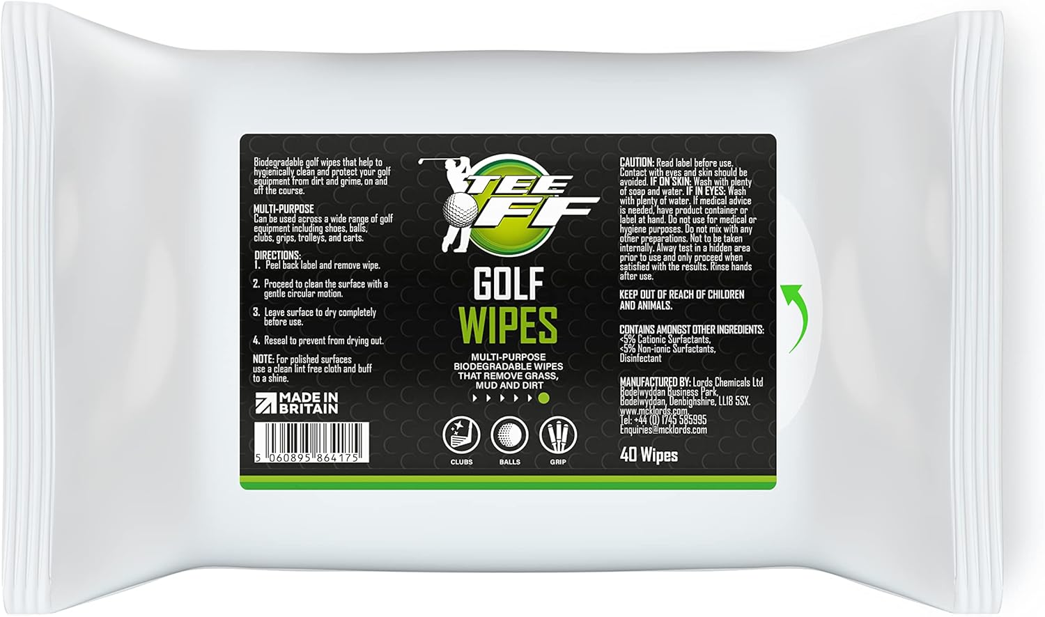Tee Off Golf Wipes Perfect for Cleaning Clubs, Grips, Shafts, Shoes, Balls, Trolleys and Bags