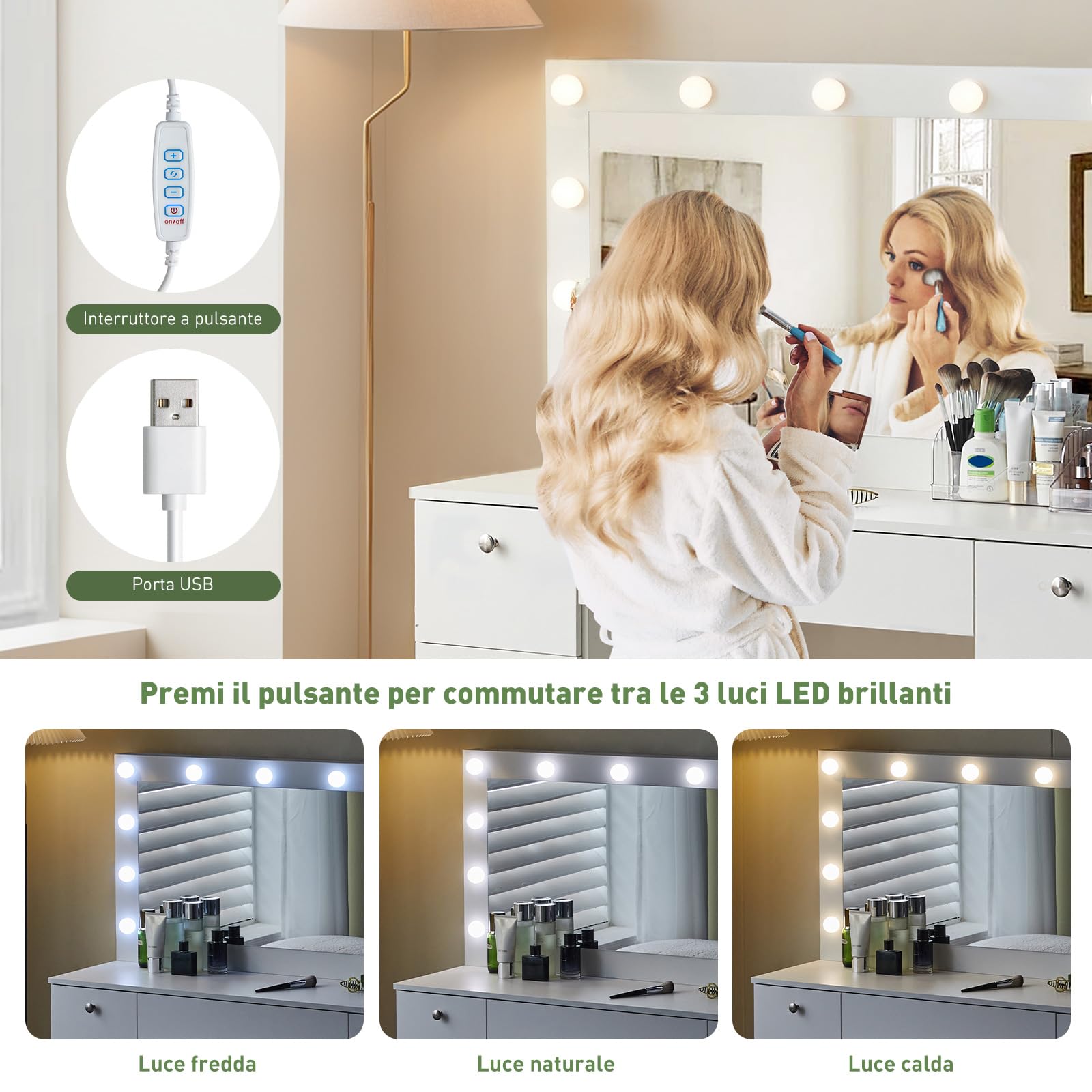 LEMROE Toletta da Trucco con Luci LED e Specchio Grande, Luminosità Regolabile, Postazione Trucco con Luci, Toeletta da Trucco con sgabell, 7 Cassetti