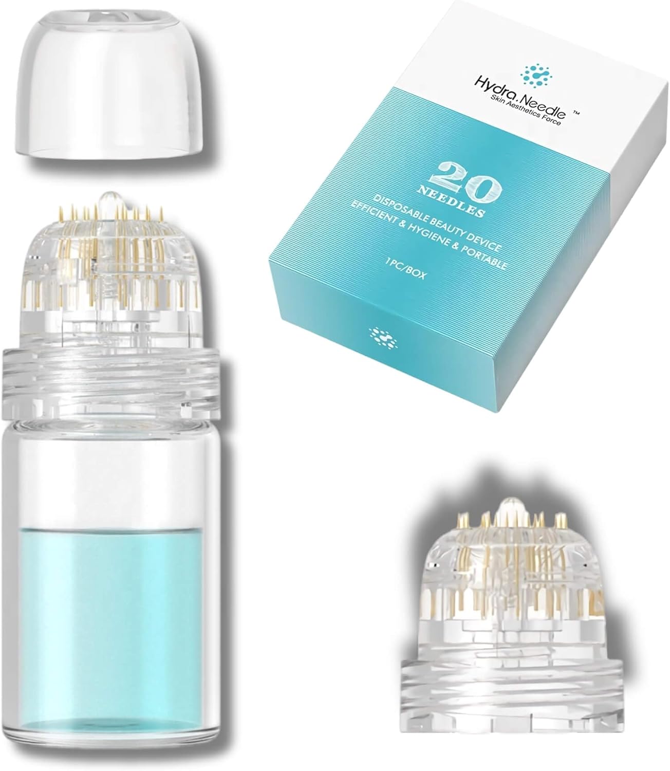 Hydra Naaldstempel met één tip vervanging, ultrafijne Hydra Naaldstempel Microneedling 20 Pin Lengte 0,5 mm, Serum Applicator Fles Herbruikbaar voor Anti-aging Huidverzorging Haar Baard Groei