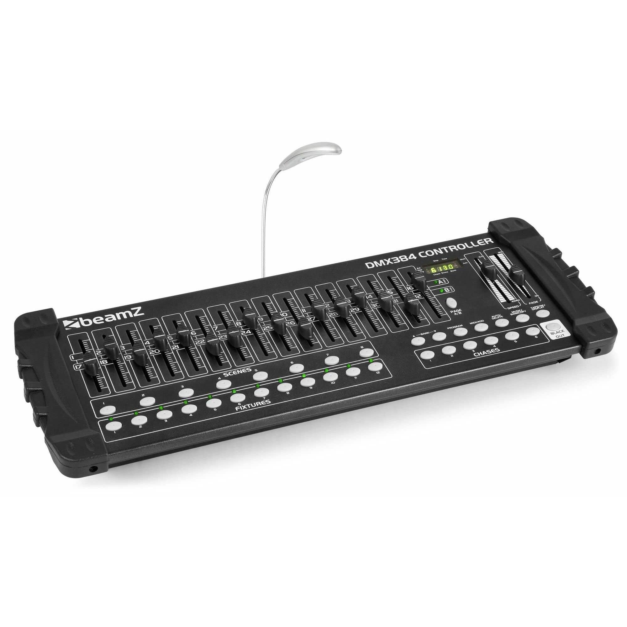 BeamZ DMX 384 Lighting Controller Console, 384 Channel DMX Stage Lighting Mixer Desk with 16 Faders, Chase & Fade Effects, USB Light, Microphone, 12 Fixtures x 32 Channels, 3-Pin XLR