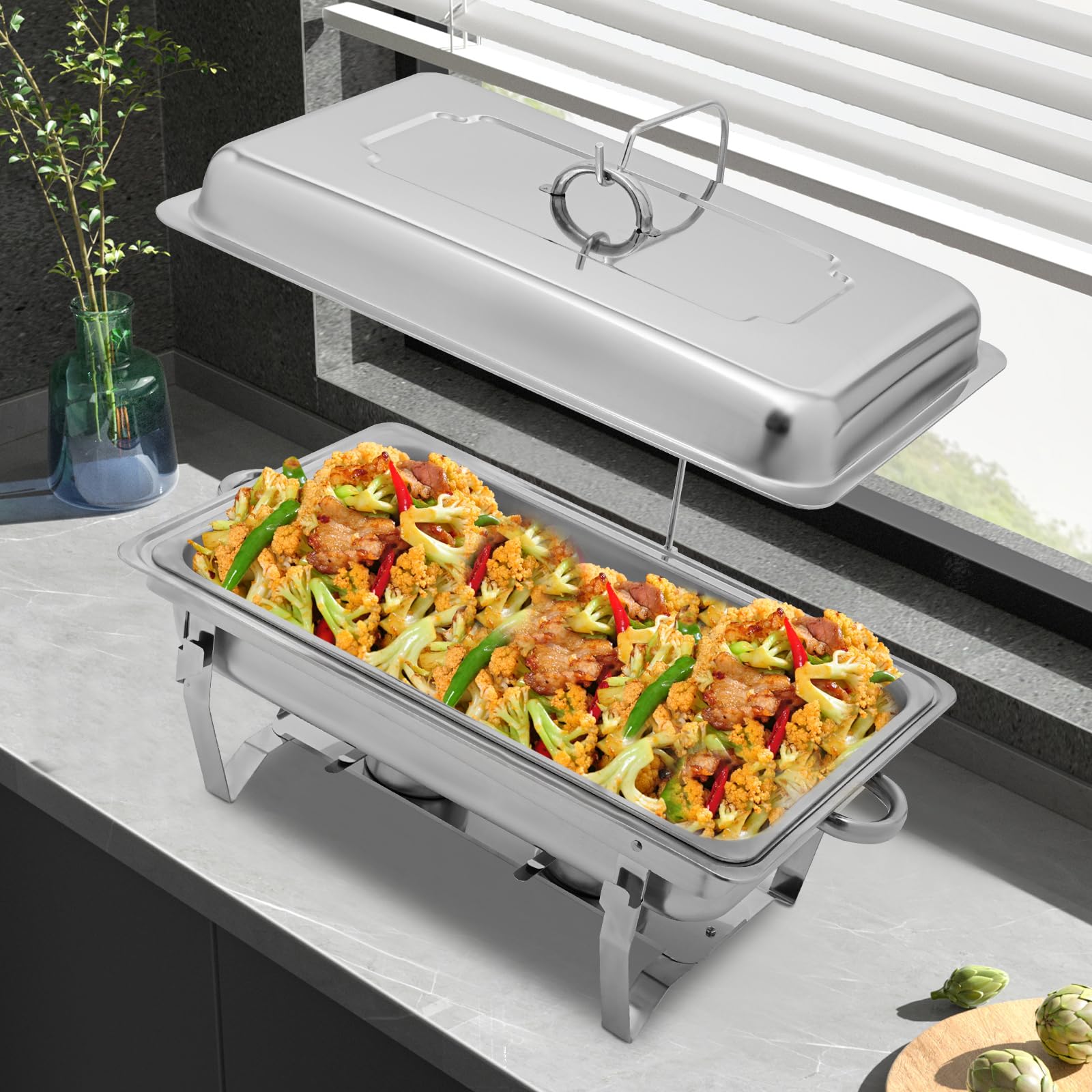 Scaldalibi da 9 l, contenitore termico in acciaio inox, telaio pieghevole in acciaio inox, set da buffet argentato, rettangolare, per catering buffet e feste (1 vassoio)
