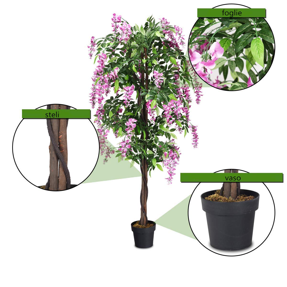 COSTWAY Pianta Finta da Interno da 180 cm | Albero Artificiale con Fiore Glicine, 1260 Foglie Realistiche, 2 Tronchi e Vaso Stabile, per Casa, Negozio e Ufficio