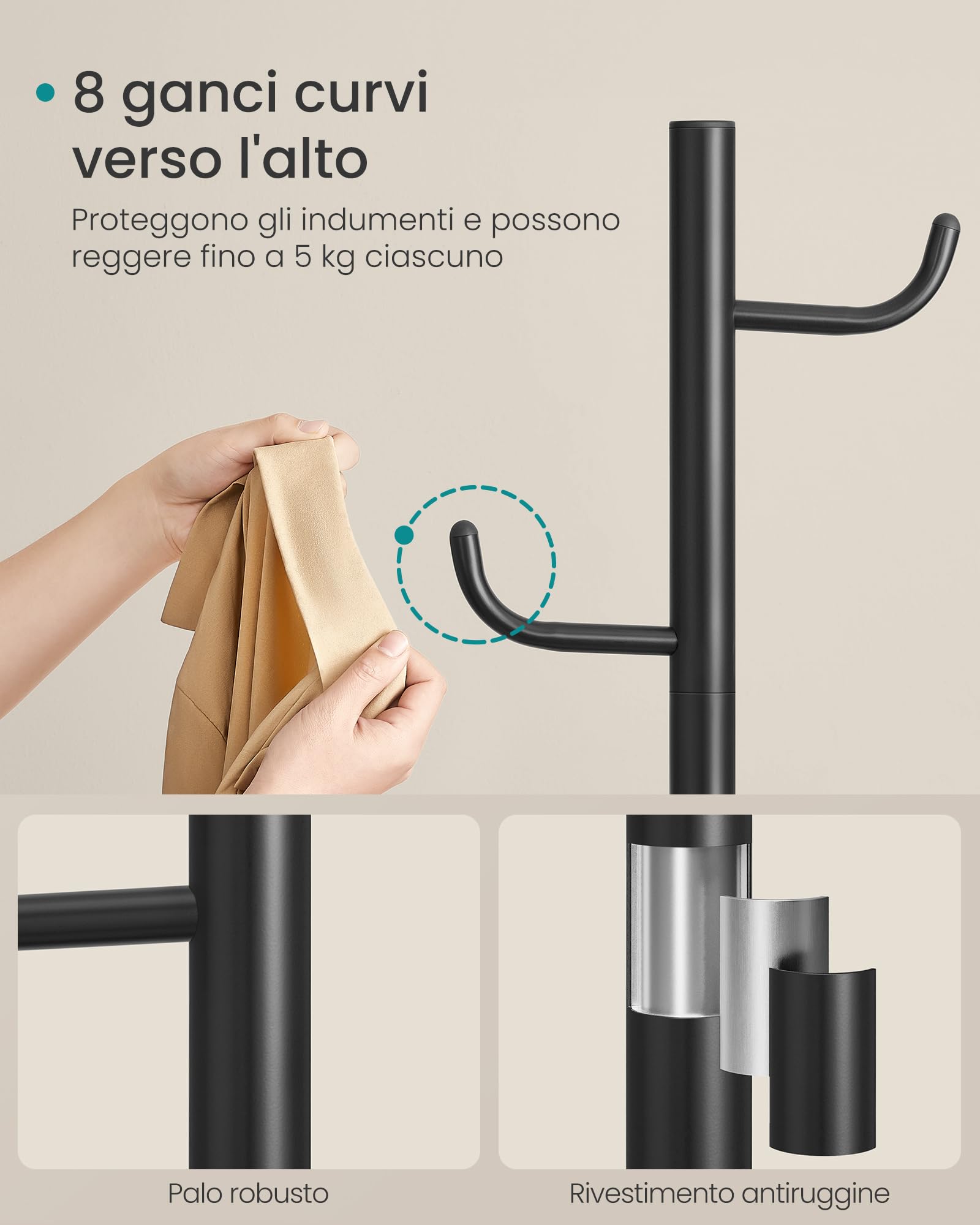 SONGMICS Attaccapanni da Terra a Forma di Cactus, Appendiabiti, 8 Ganci Curvi verso l'Alto, Altezza 175,3 cm, per Abiti Cappelli Borse, Nero Inchiostro RCR039BH01