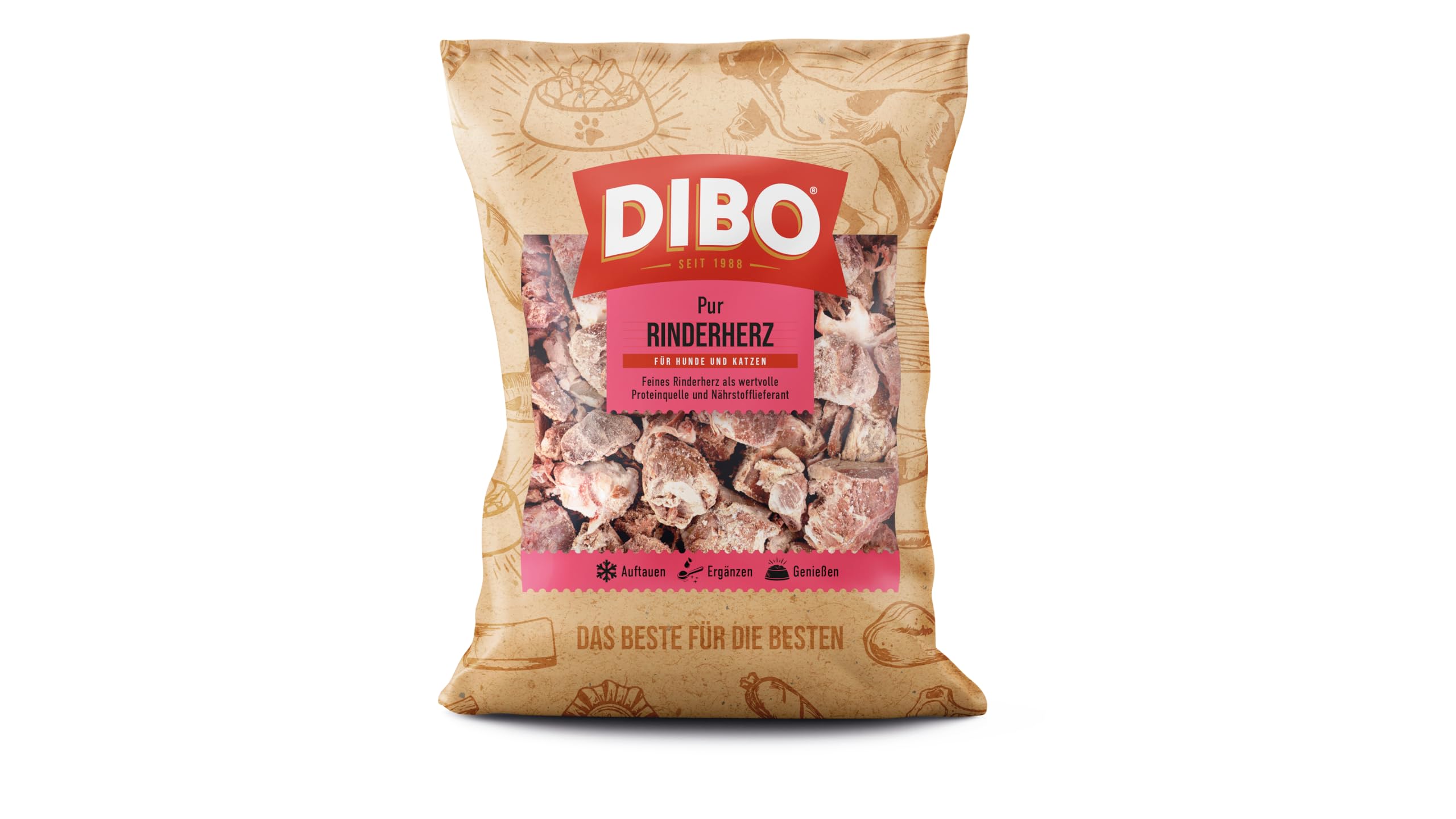 DIBO Rinderherz, 12 x 500g-Beutel, Tiefkühlfutter, gesunde, natürliche Ernährung für Hunde und Katzen, Barf Fleisch