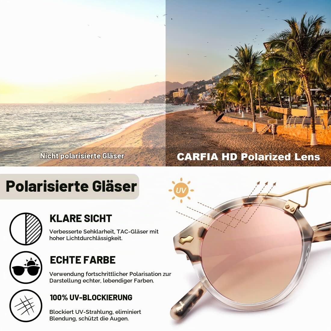 CARFIA Damen Runde Sonnenbrille UV400 Polarisiert Schmales Gesicht Trendy Metal Bridge Frauenbrillen