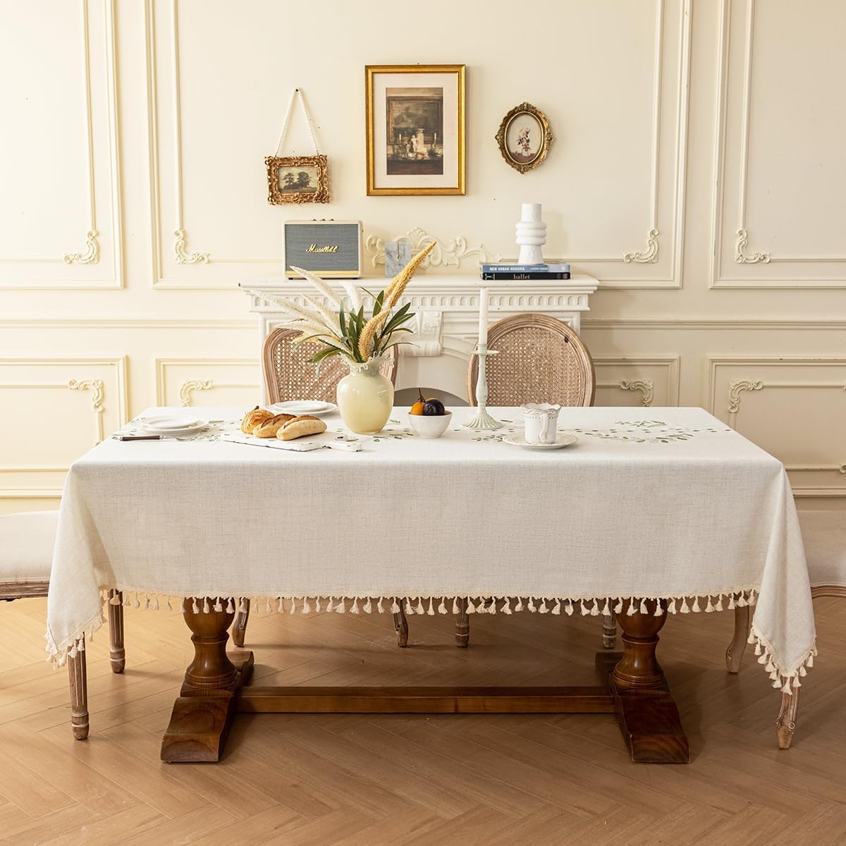 Green Embroidered Waterproof Tablecloth Beige Fabric with Rustic Floral Fringe Dust-Proof, Splash-Proof, Stain-Resistant Rectangular Tablecloth (55x86 inches)