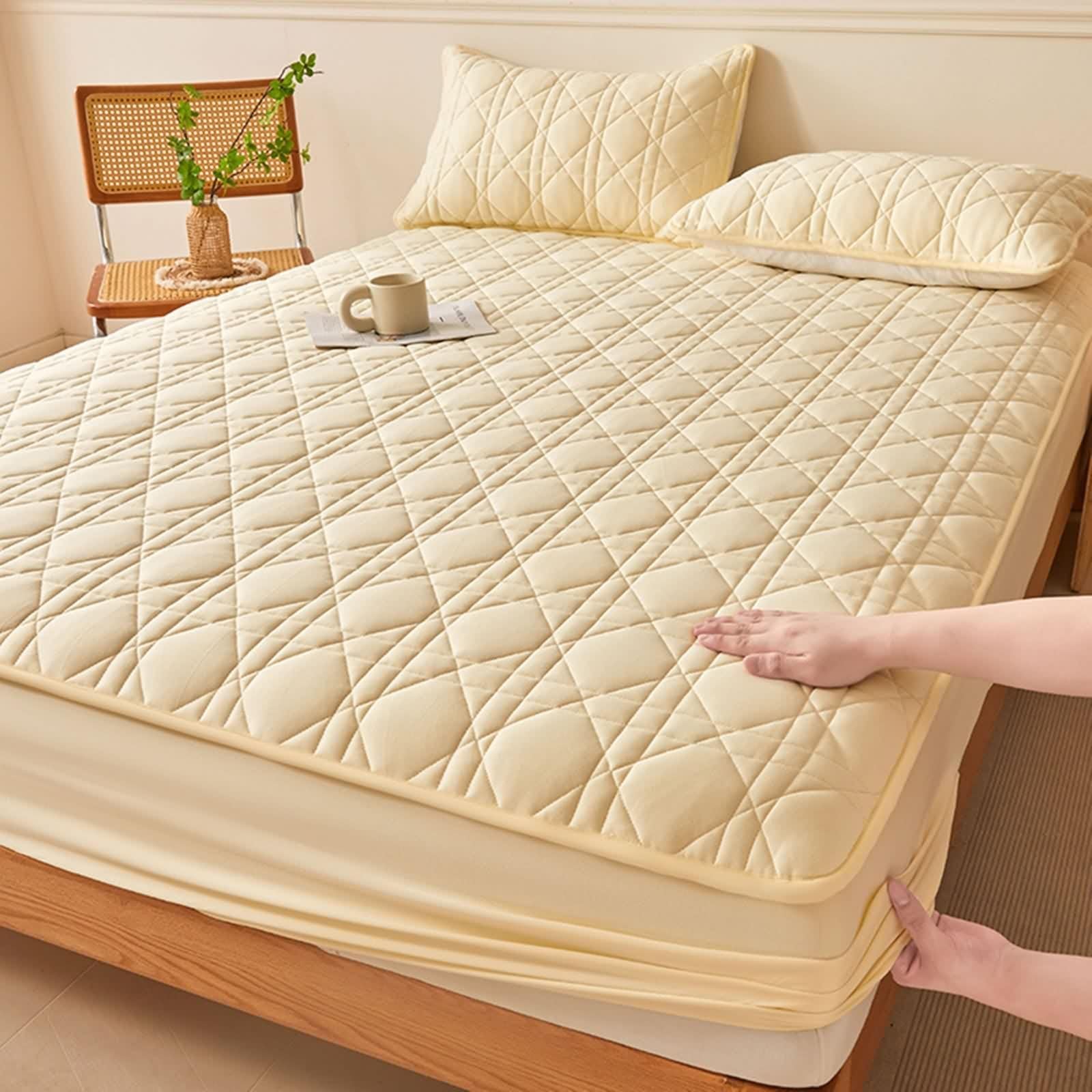 Spannbetttuch 120X200cm, Fitted Sheet Winter Beige Gelb Polyester Baumwolle Volltonfarbe mit Geometrischem Muster Spannbettlaken