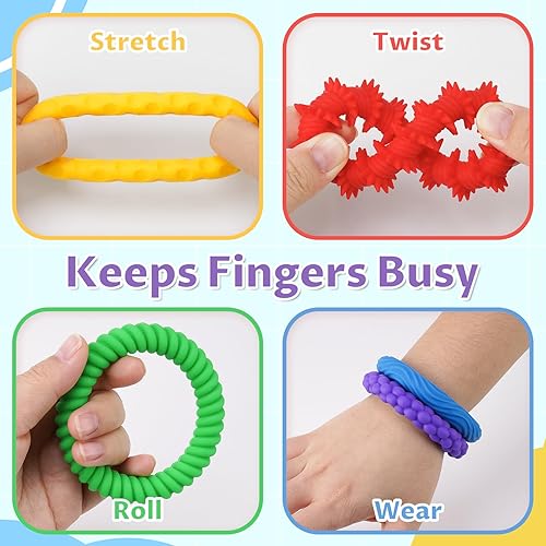 Miniatura 11 de Paquete de 5 pulseras elásticas de silicona de colores macarrón, juguetes para la ansiedad para niños, diseño texturizado, juguetes sensoriales