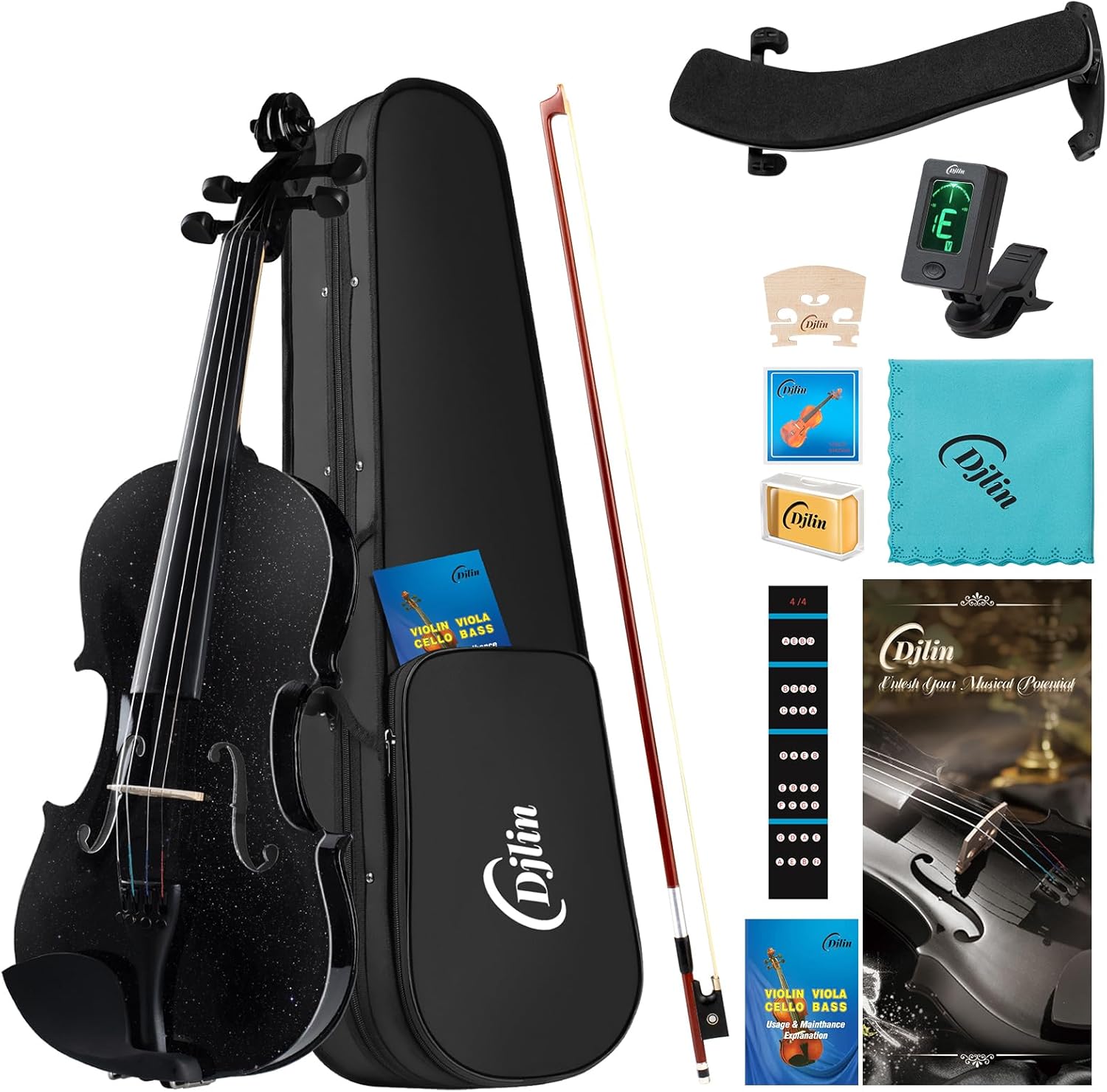 Black Violin for Beginners 1/4 Acoustic Violin for Student, Fiddle Accessories Include Hard Case, Violin Rosin, Violin Bow, Violin Strings, Violin Shoulder Rest 1/4 Pearlescent Black Varnish