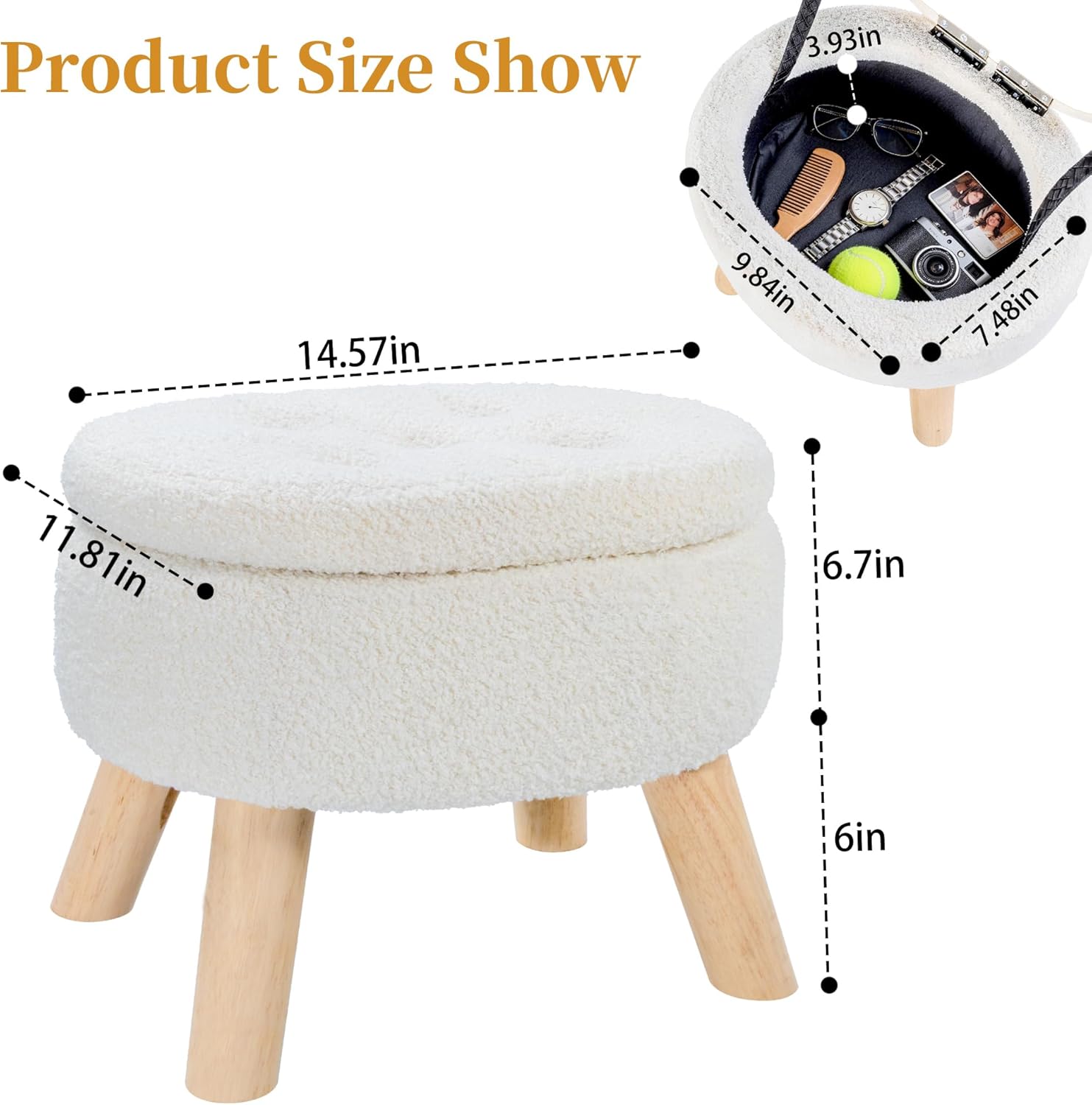 Polegas Small Ottoman with Storage, Modern Ellipse Footstool with Soft Padded Seat, Teddy Velvet Footrest with Wood Legs, White Storage Ottoman for Couch, Living Room and Bedroom (White)