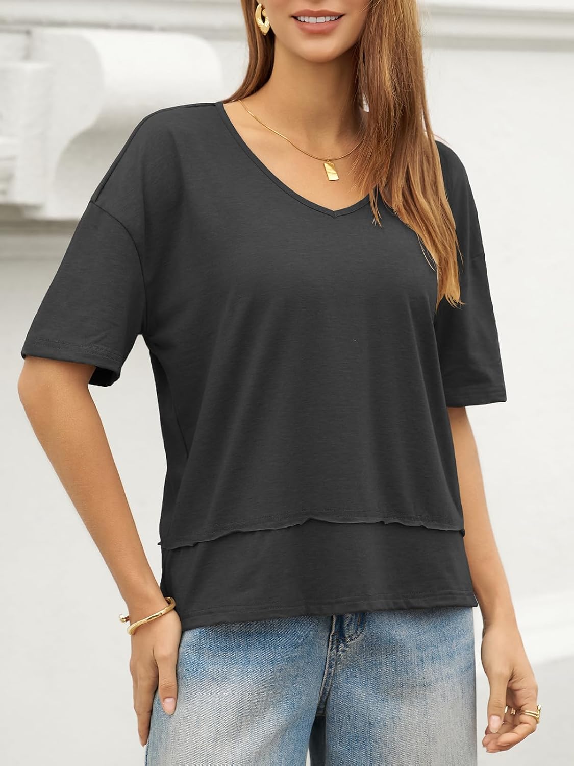 UNCLECAT Womens V Neck T Shirts Summer Trendy Short Sleeve Shirts Loose Casual Tops Tee - Image 5