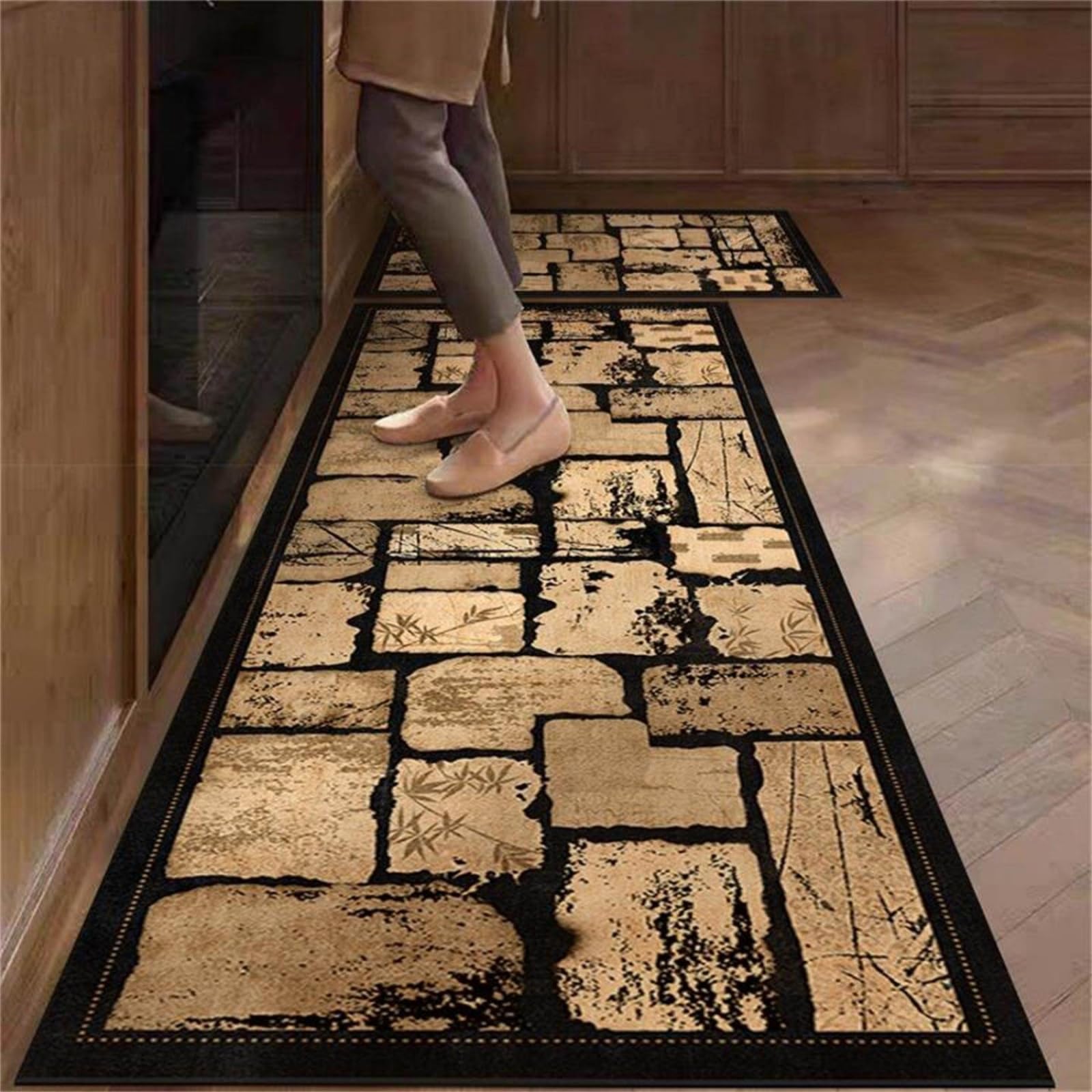 Tappeto Cucina 50X80Cm+50X60Cm Nero Giallo Moderni Tappetini Da Cucina 2 Pezzi,Antiscivolo Impermeabile Tappeti Da Cucine,Lavabile, Adatto Per Corridoi, Cucine, Bagni