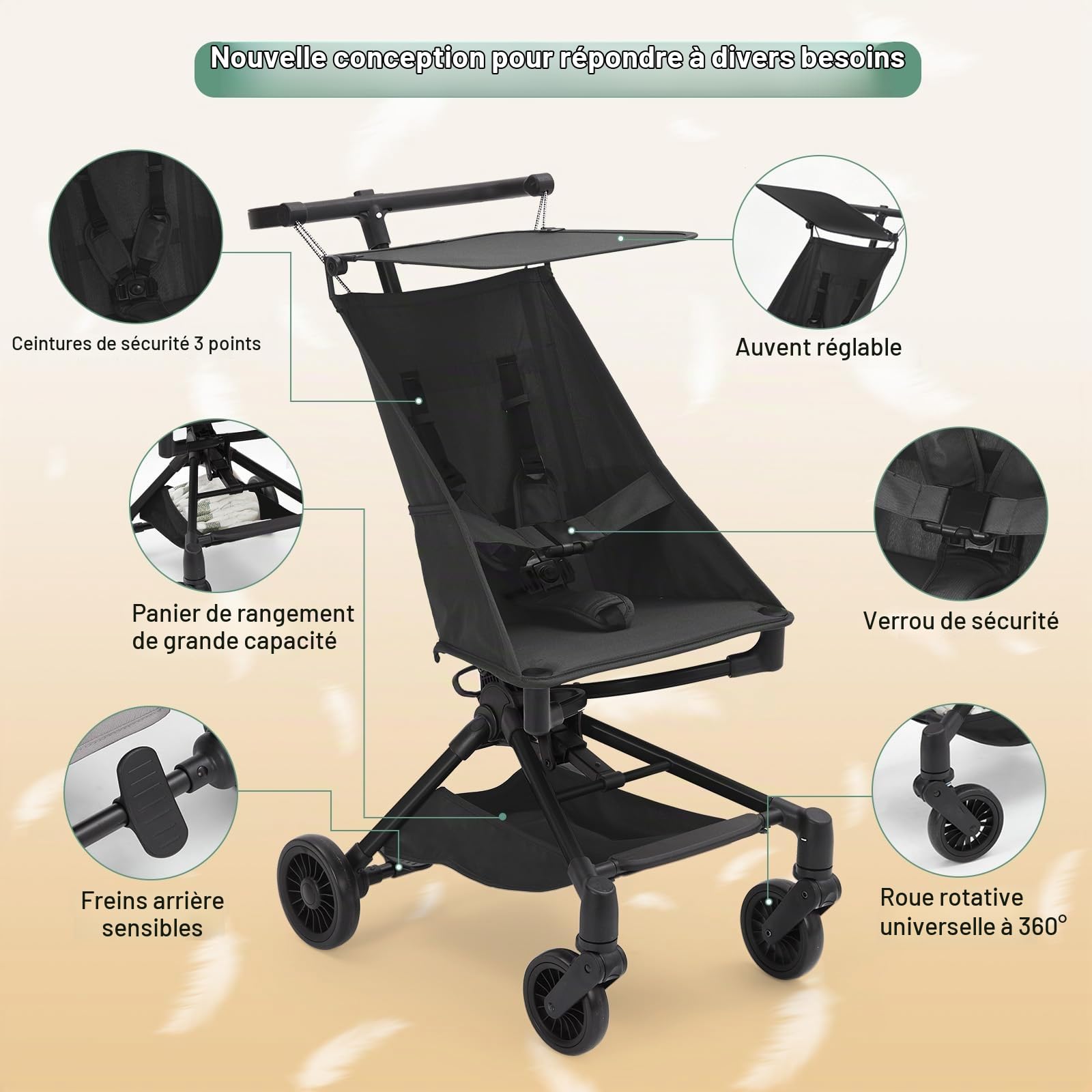 Poussette Canne Compacte Pour Bébé 0-3 Ans, Ultra Légère 3.8 kg, Pliable Et Facile à Transporter, Idéal Pour Les Voyages, U1107 - Tube En Fer, Tissu Oxford 600D, Noir