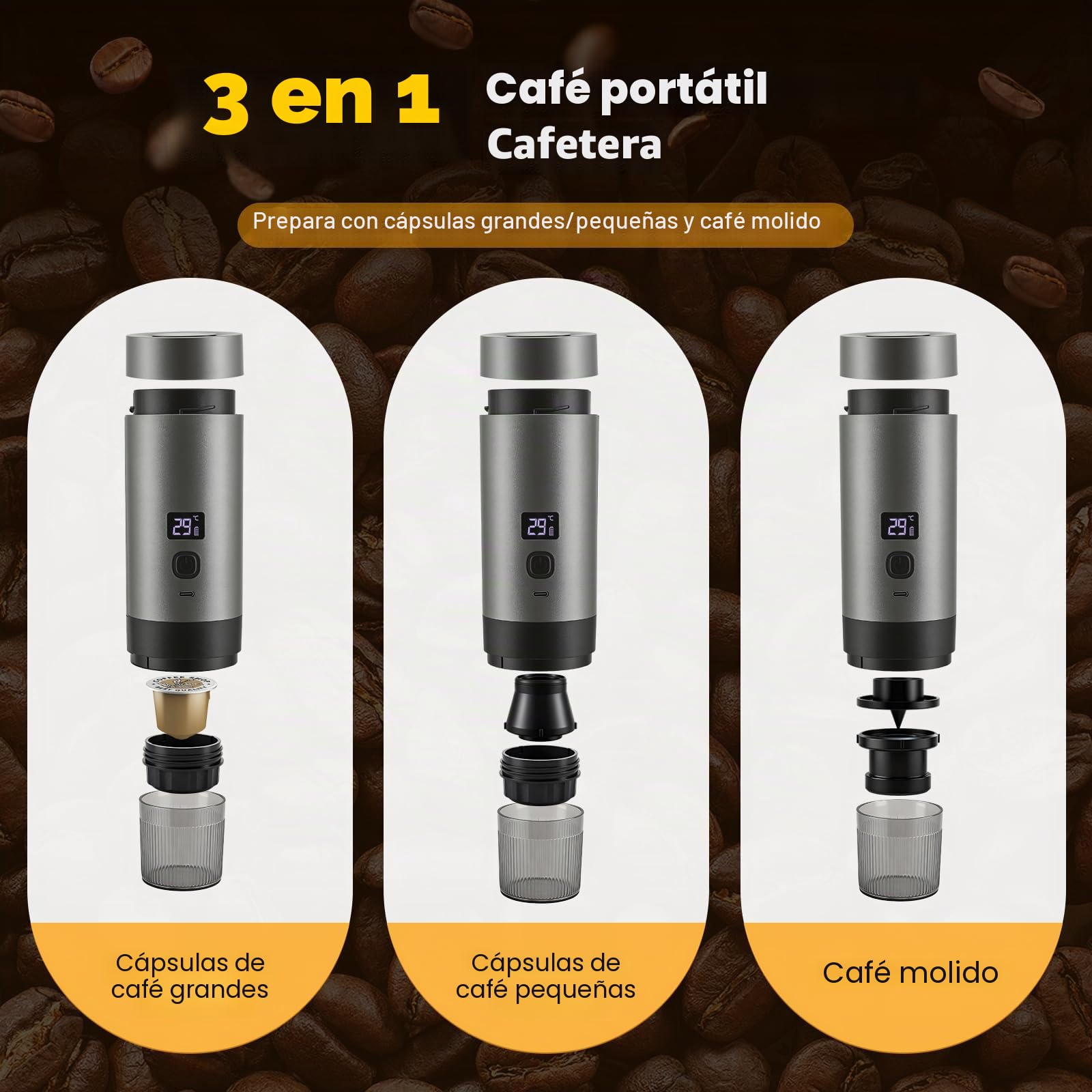 Máquina de café expreso 3 en 1 portátil con batería, 20 bar, extracción fría/caliente, compatible con cápsulas y café molido, 7800 mAh USB-C, mini cafetera para camping, coche, oficina y viajes