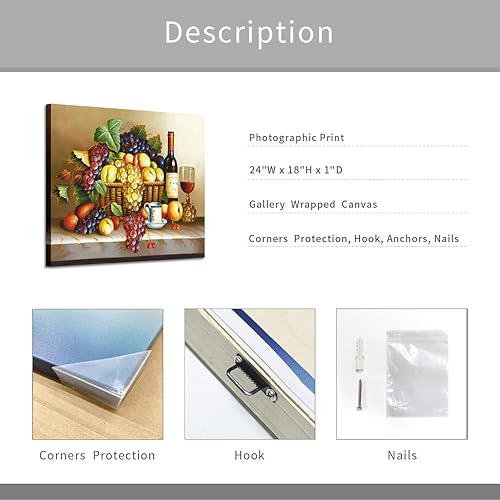 Miniatura 7 de Imágenes vintage de vino pintura al óleo sobre lienzo de vino tinto y frutas para comedor 24 pulgadas de ancho x 18 pulgadas de alto multicolor