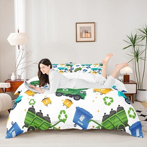 Miniatura 3 de Feelyou Juego de funda de edredón de camión de basura de dibujos animados verde para niños y niñas, funda de edredón verde para automóvil, camión de