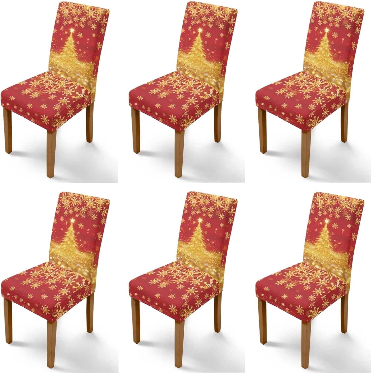 Rnyleeg Christmas Seat Covers for Dining Chairs Gold Holiday Tree Snowflake Dining Chair Covers Set of 6 Chair Covers for Living Room No Arms Stretch Chairs Slipcover for Home Holiday Decor