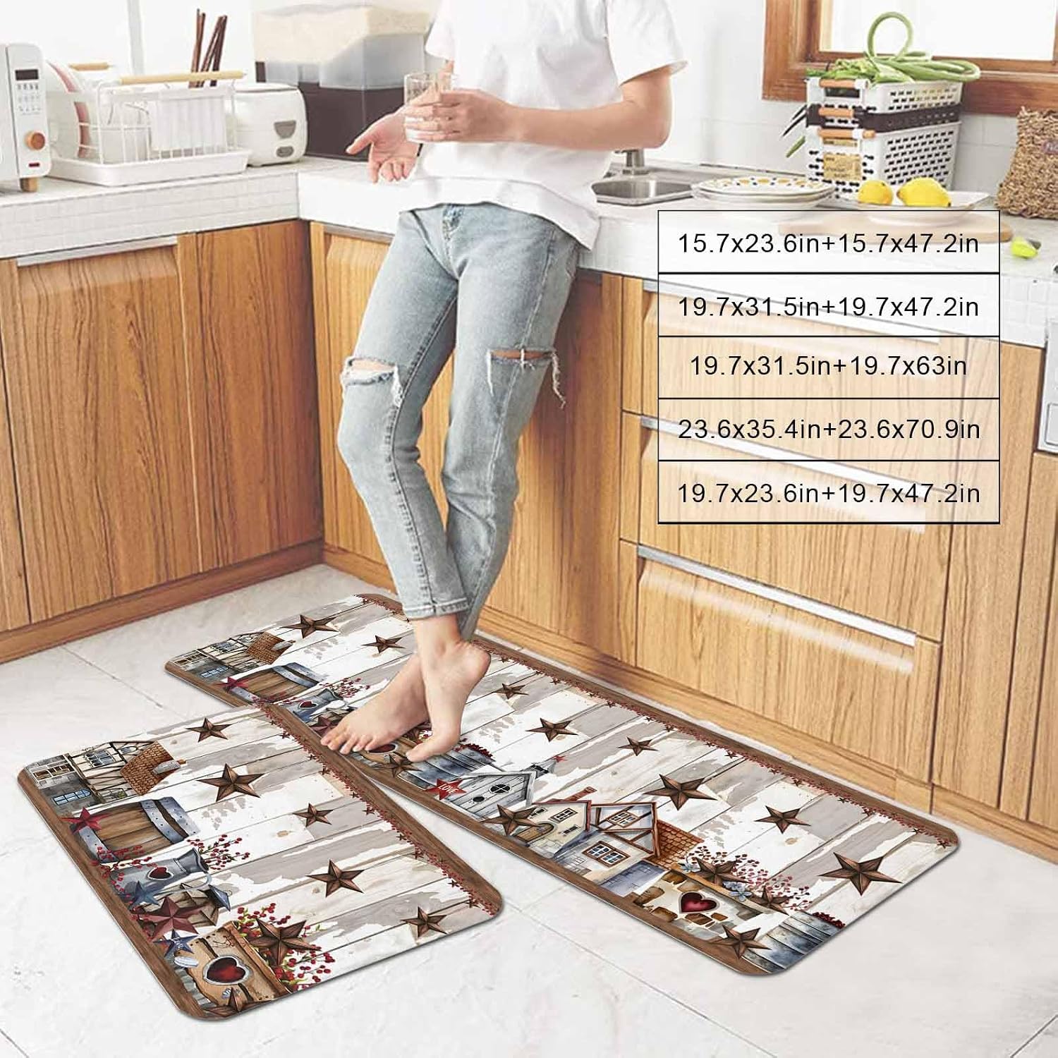 Prime Leader Farmhouse Country Kitchen Mat Set 2 Pieces Star Barn Barrel Plant Retro Wood Grain Non Slip Kitchen Rugs Washable Runner Rug Mats for Sink Laundry (23.6" x 35.4"+23.6" x 70.9")