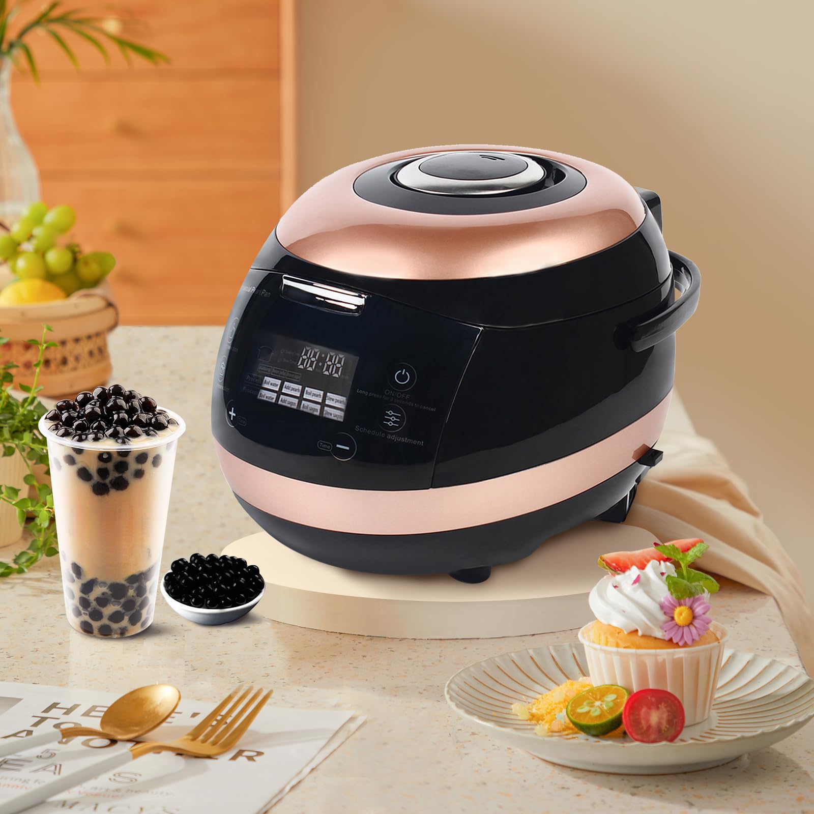PSUFURV Automatic Pearl Pot 860W 110V Commercial Fully Automatic Pearl Pot with 9 Hours of Insulation 5L Automatic Boba Maker Tapioca Pearl Cooker for Milk Tea Store, Western Restaurant, Cake Store