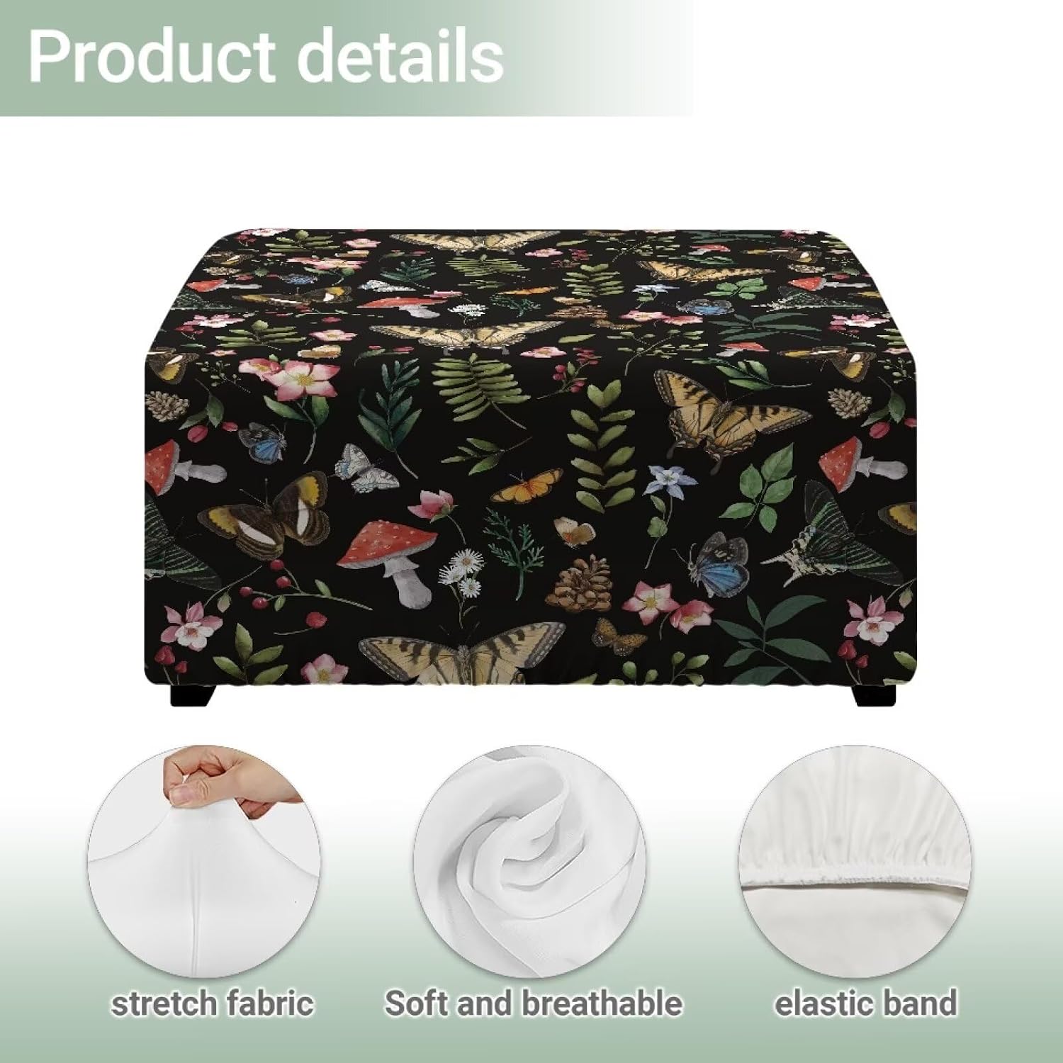 Suobstales Butterfly Mushroom Flower Leaves Print Ottoman Cover Stretch Square Ottoman Slipcovers Square Thick Ottoman Covers Slipcover for Ottomans Soft Foot Stool Cover with Elastic Bottom, L
