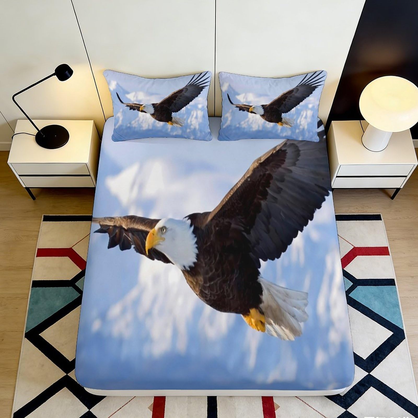 3D Printed Bald Eagle Fitted Sheet Microfiber Soft Anti-Slip Snow Mountain Bed Cover for Bedroom Guest Room Decor 90x200x25cm
