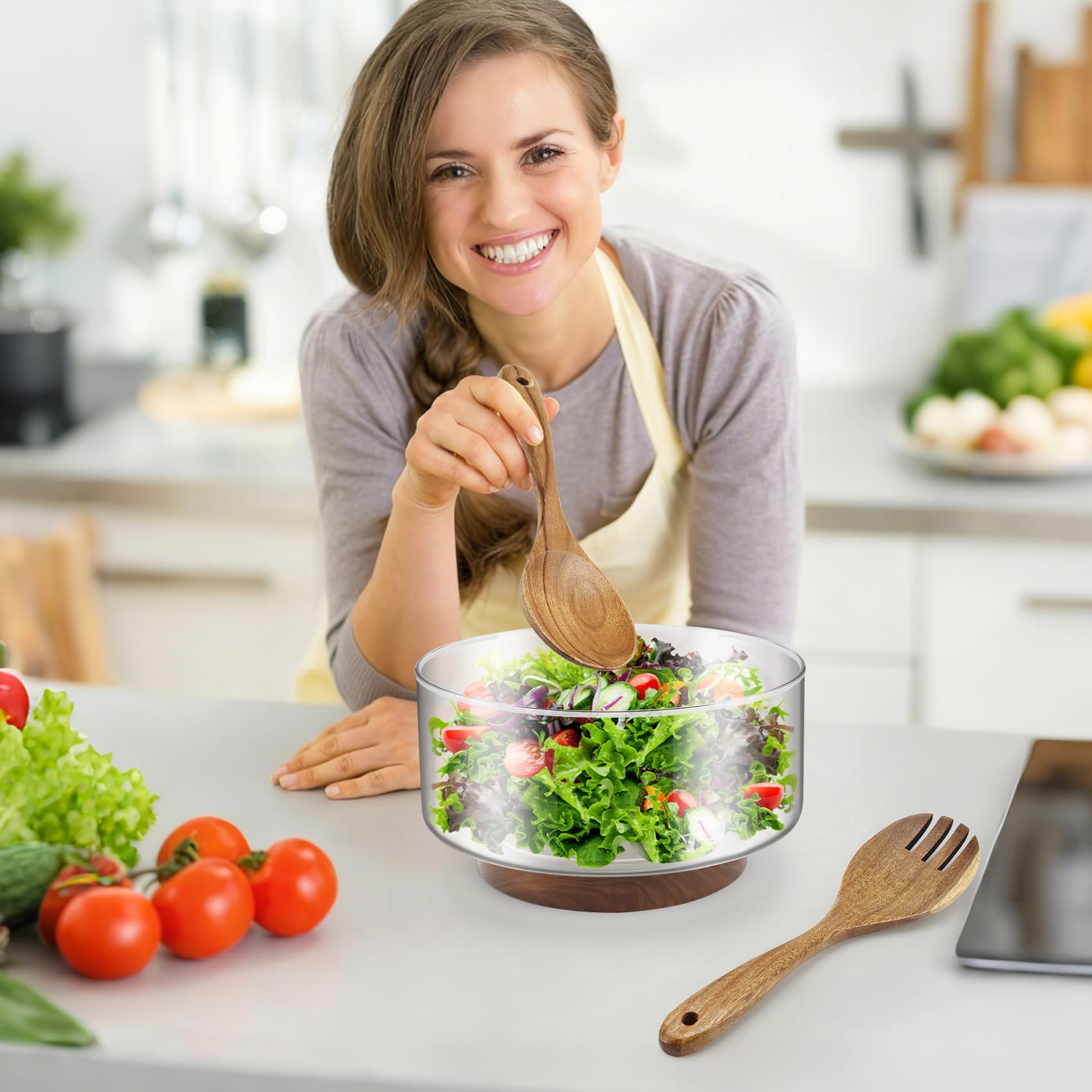 Cuenco grande de cristal de 3700 ml con pinzas de ensalada de madera, diseño de estabilidad mejorada, cuenco versátil para ensaladas, frutas, ideal para reuniones y comidas familiares diarias