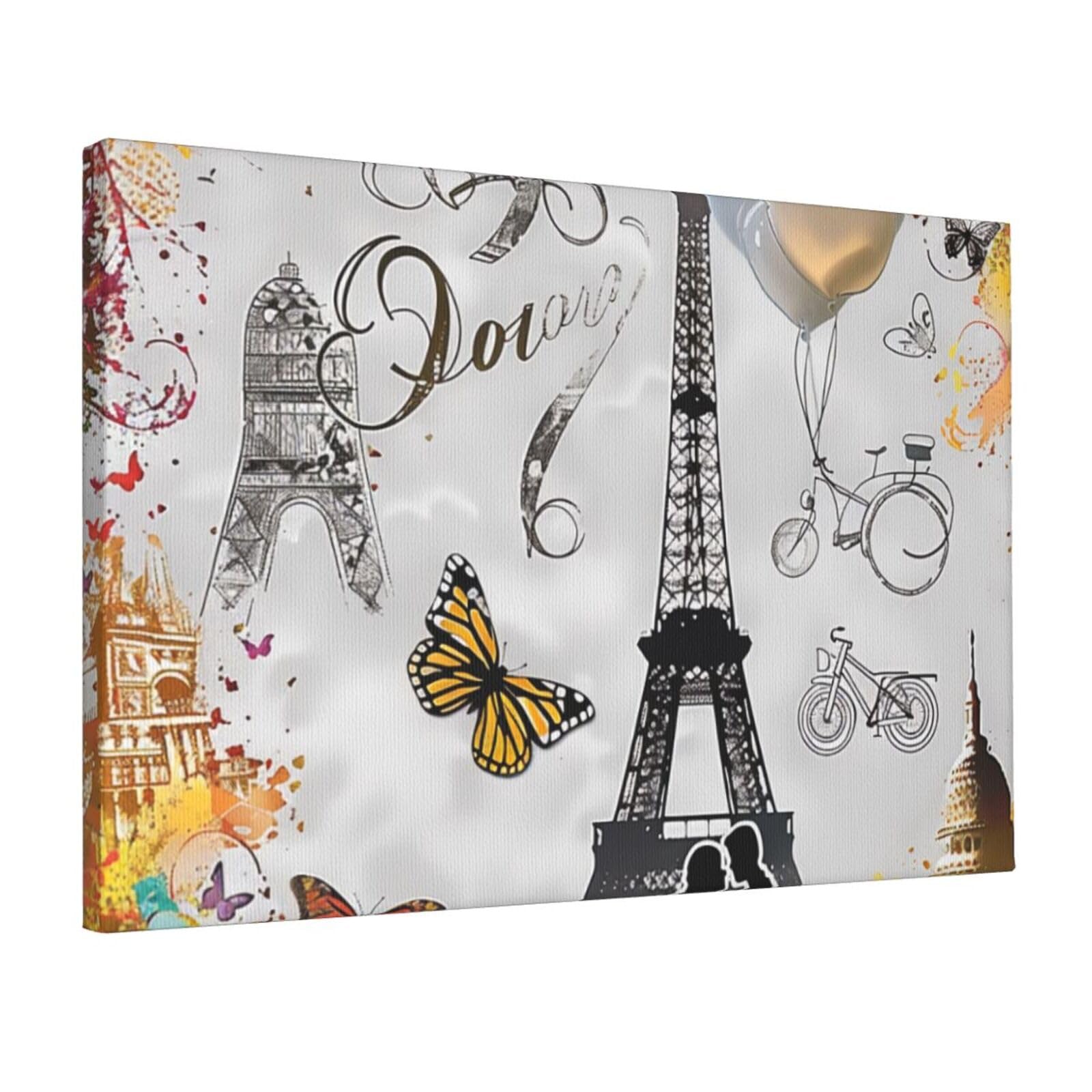 YKLJG Romantic Paris Butterfly and Bike Printed Wall Art Canvas Prints 45x30 CM Wooden Framed Picture Painting Artwork for Bedroom Kitchen Home Office Decor