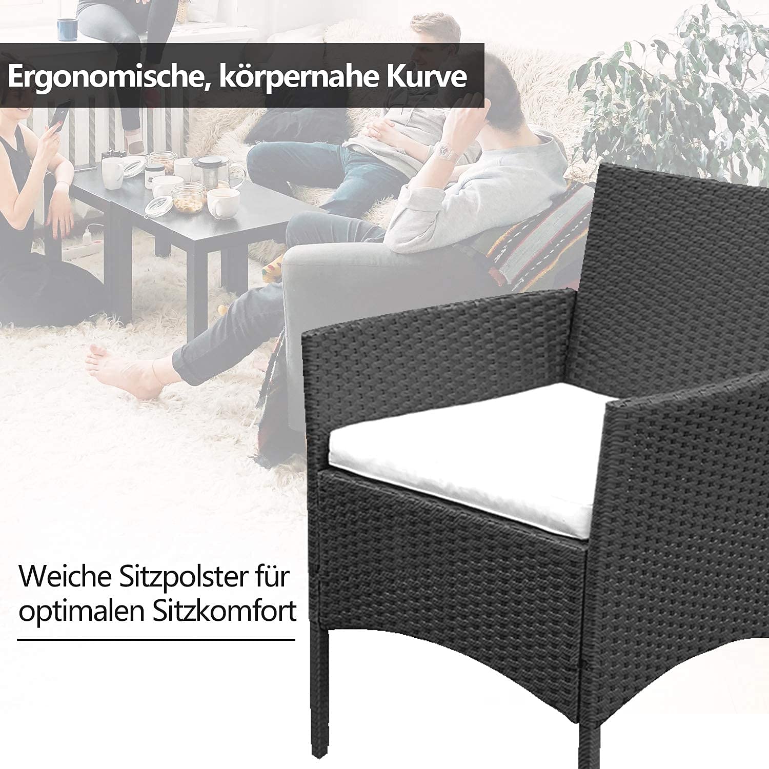 Conjunto de muebles de jardín de polirratán para 4 personas, incluye 2 sofás, sillas individuales, mesa y cojines de asiento, resistentes a la intemperie, color negro