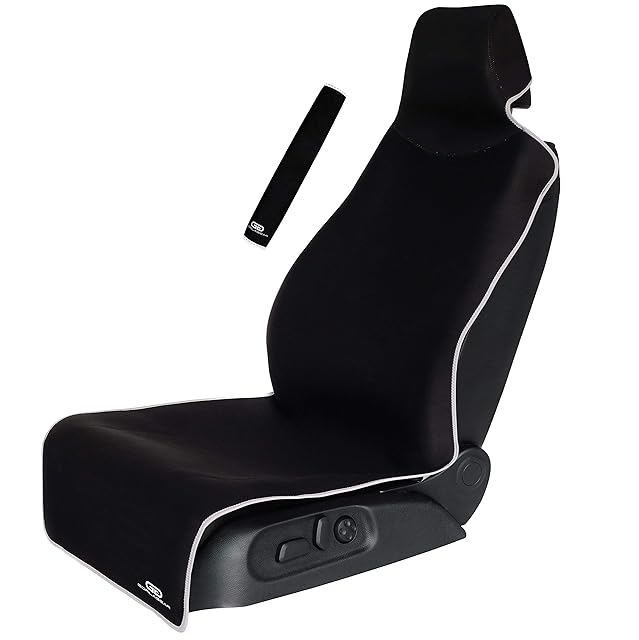 Gorla Gear black neoprene car seat cover on a bucket seat showing the waterproof material