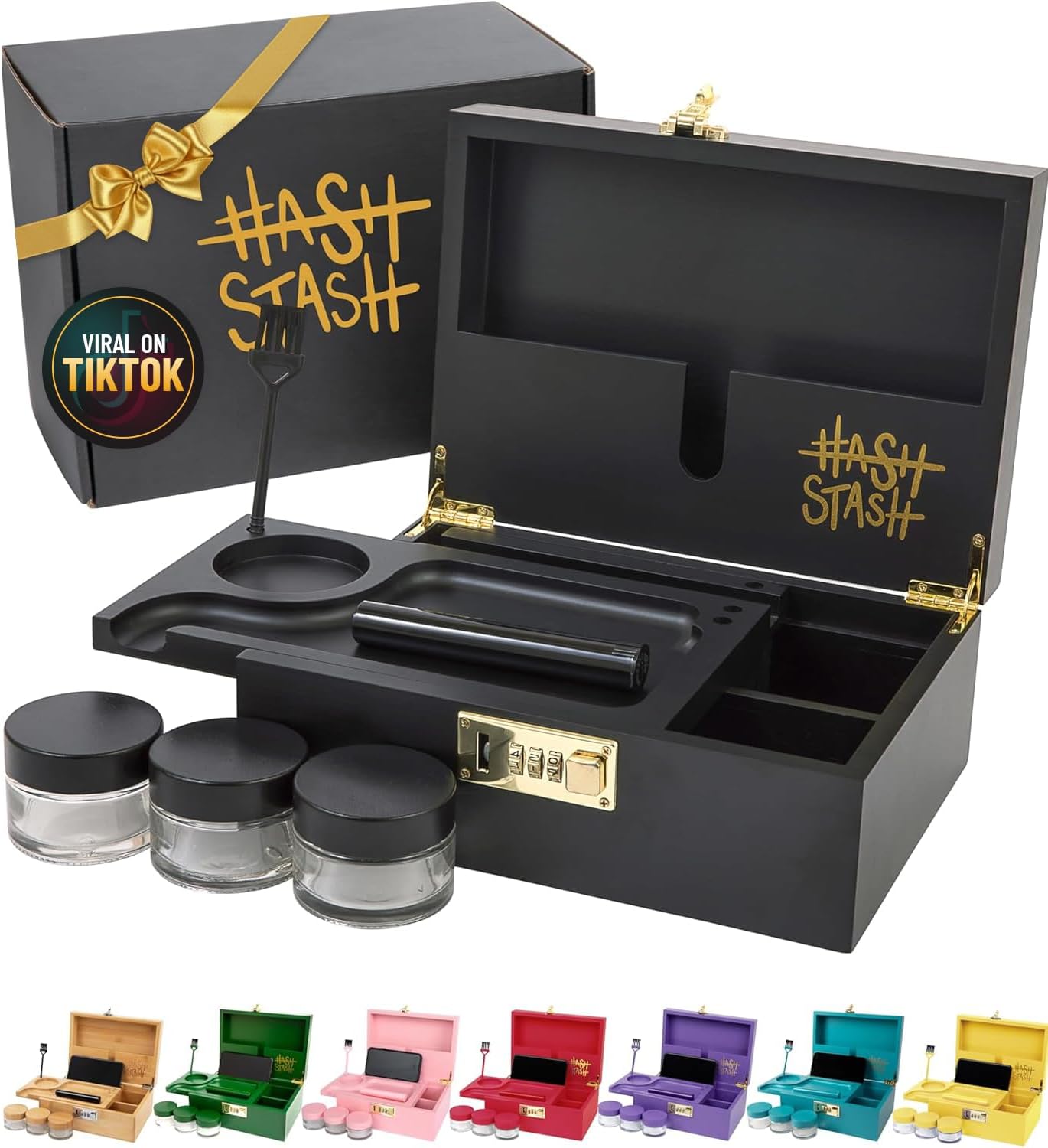 HASHSTASH The OG Storage Box - Large Bamboo Box with Combination Lock, Magnetic Lid, Organizer Tray, Airtight Tube and 3 Jars - Discreet Decorative Locking Wooden Box with Accessories (Black/Gold)