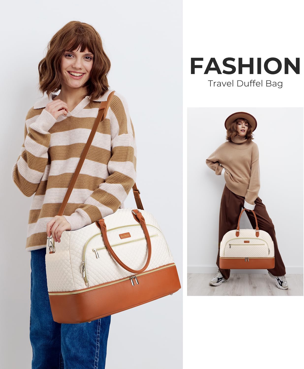 Weekender Bags for Women, Large Travel Duffel Bag Carry on Overnight Bag with Shoe Compartment and Toiletry Bag for Travel Business Gym Hospital, Beige Brown - Image 7