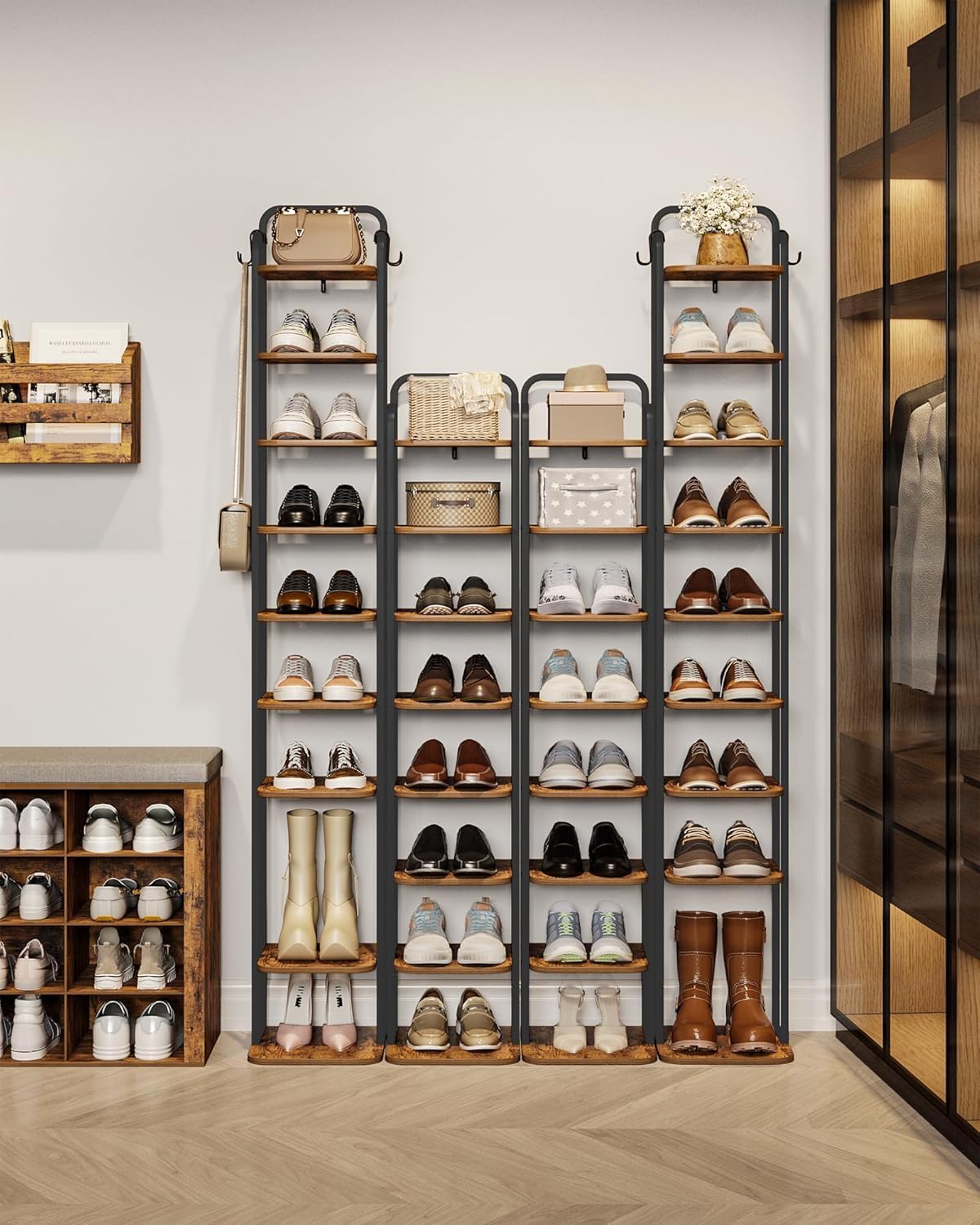 10 Tiers Vertical Shoe Rack, Narrow Shoe Tower, Tall Shoes Shelf with 2 Hooks, Adjustable Shelves, Corner Shoes Shelves for Small Spaces, Entryway, Living Room, Rustic Brown SR11201B