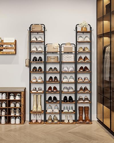 Miniatura 8 de Zapatero vertical de 10 niveles, torre estrecha de zapatos, estante alto de zapatos con 2 ganchos, estantes ajustables, estantes de zapatos de