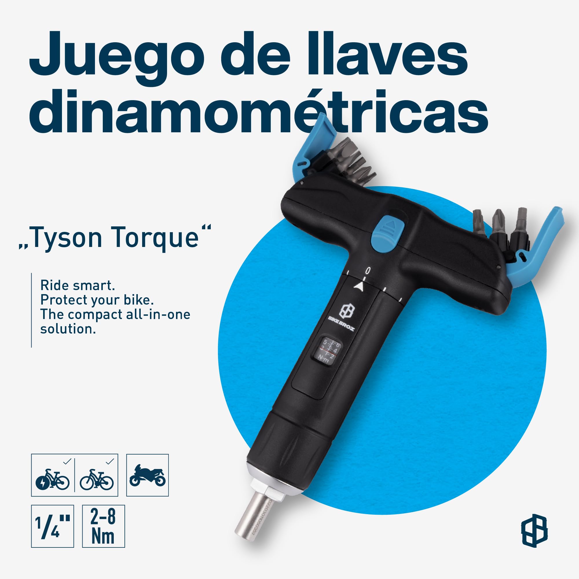 Llave dinamométrica de 1/4" para bicicleta, motocicleta, etc. 2-8 Nm | Destornillador de par pequeño con juego de brocas en cruz, ranura, torx y hexágono en forma de T para viajes | 70003
