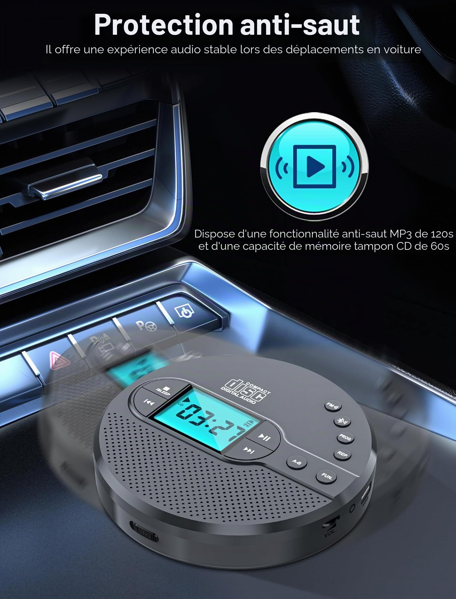 Discman Lecteur CD avec émetteur FM Bluetooth, écouteurs, écran LCD, AUX, haut-parleur intégré, port USB, lecteur CD rechargeable portable 2000 mAh (gris clair)