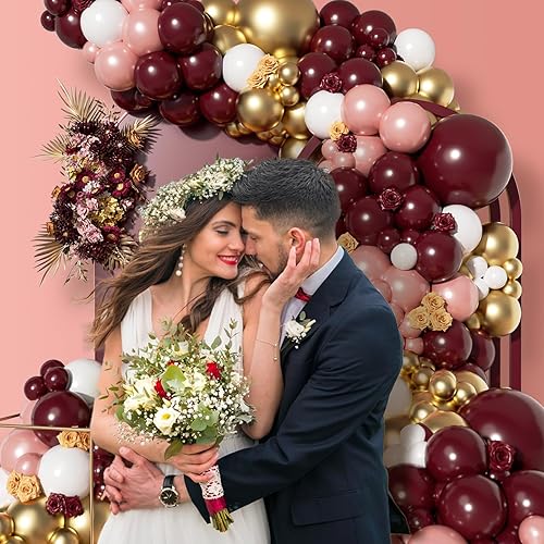 Miniatura 8 de FOTIOMRG Kit de guirnalda de arco de globos burdeos de 142 piezas con globos metálicos de oro rosa granate para cumpleaños, baby shower, día de San