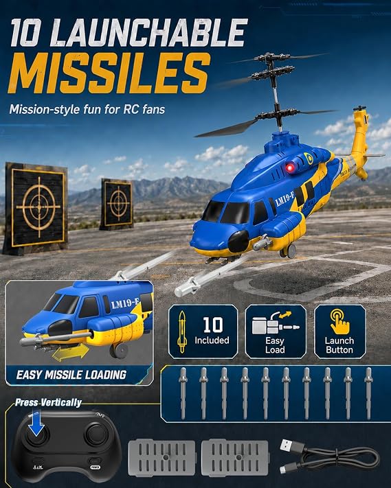 RC Helicopter with 10 Missiles, 2.4GHz Army Remote Control Helicopter for Beginners and Adults, Military Helicopter, LED Lights, Altitude Hold, One-Key Take Off, RC Toys (Blue)