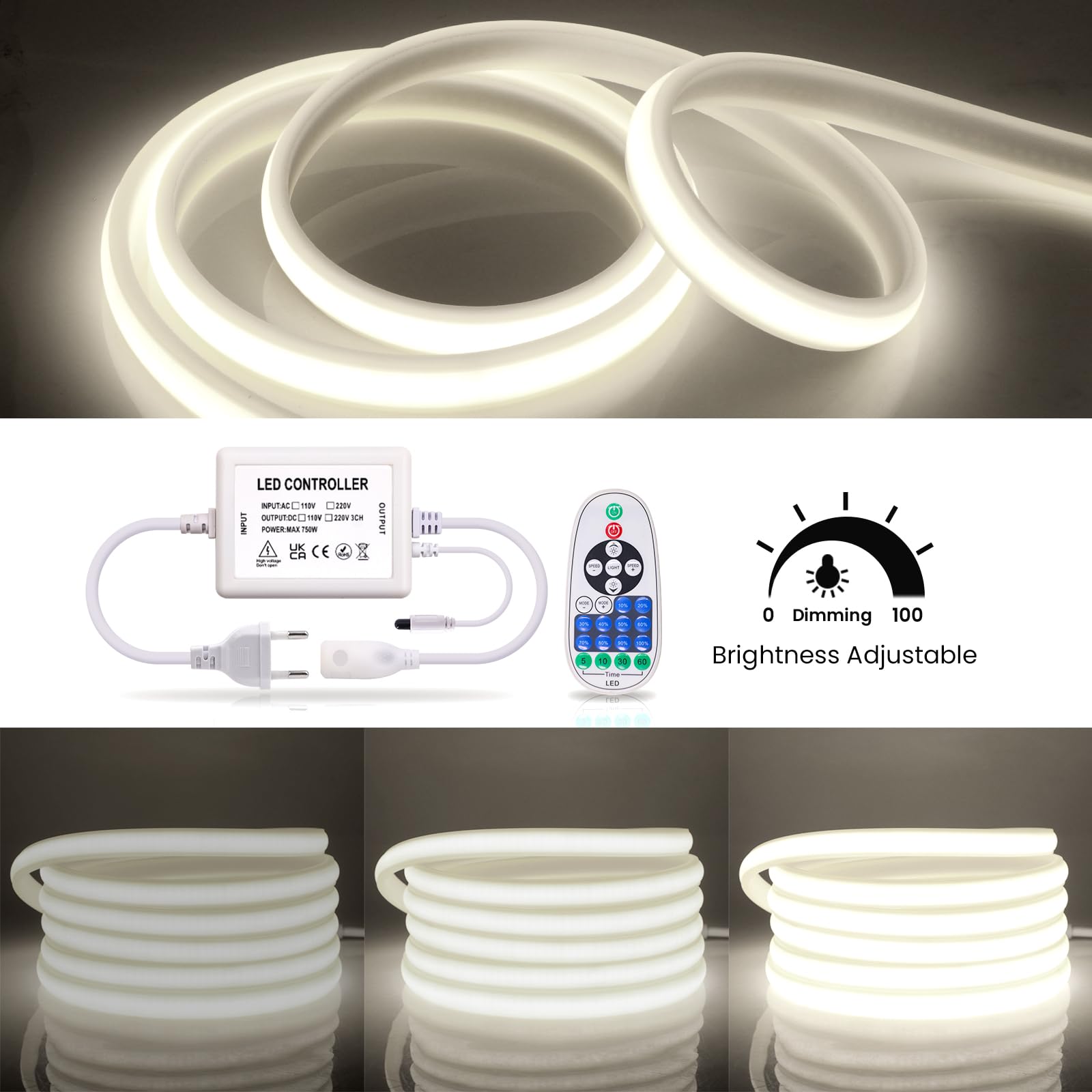 220V Néon Ruban à LED 17m,288LEDs/M Neon COB LED Strip Light,23 clés IR Dimmable Rope Lights,750W Flex Waterproof Neon Bande Lumineuse for Indoors Bedroom TV Backlight Cabinets DIY Decor