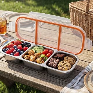 3-Compartment Bento Box, Orange & Natural Beige Meal Prep Containers, Microwave & Dishwasher Safe, Reusable Food Storage Box