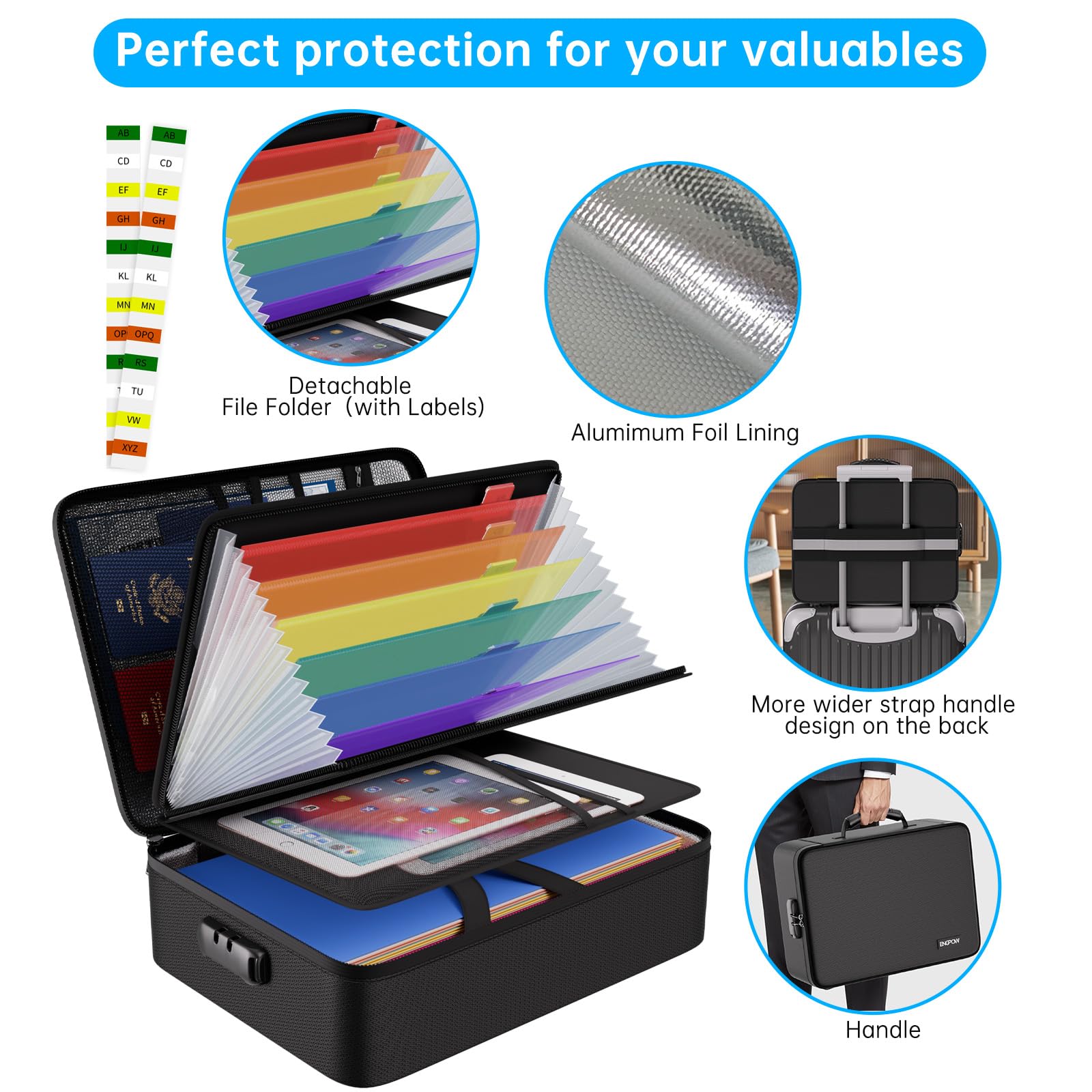 ENGPOW Porte-documents ignifuge avec 7 compartiments pour documents importants | 5200℉ - Classeur A4 - Organiseur - Boîte de rangement - Porte-documents portable - Pour la maison et le bureau - Serrure