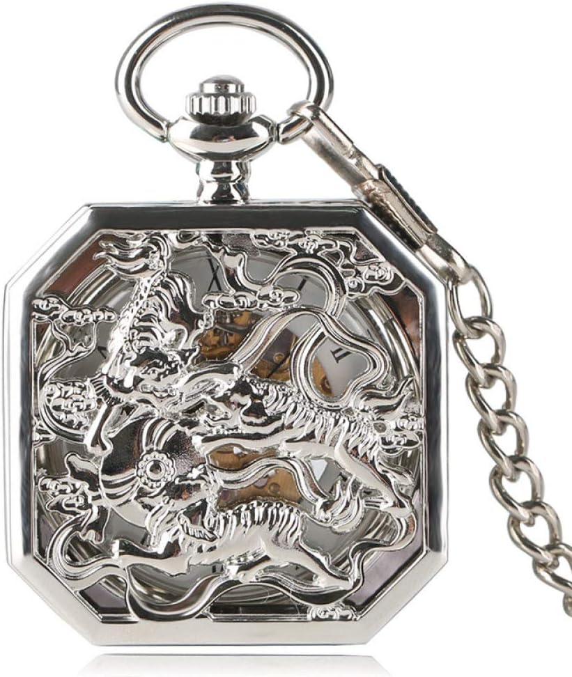 OIFMKC Pocket Watch Luxury Silver Pocket Watch Doulbe Tiger Half Hunter Mechanical Hand Wind Hour Irregular Skeleton Men Women Pendant