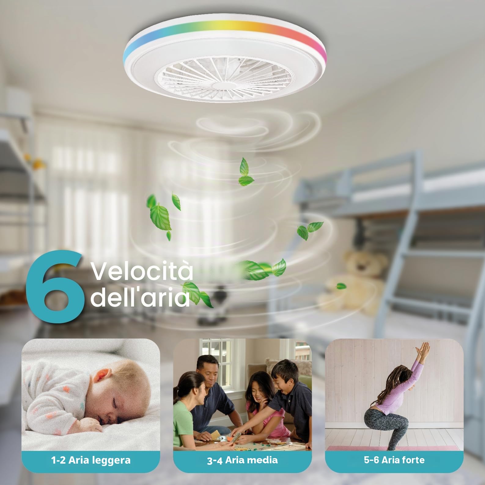 LED ATOMANT Ventilatore Soffitto Luce LED Diam 50cm 63W CCT e RGB Dimmer | 5000 lumen, Telecomando, Modalità estate/inverno, 6 velocità