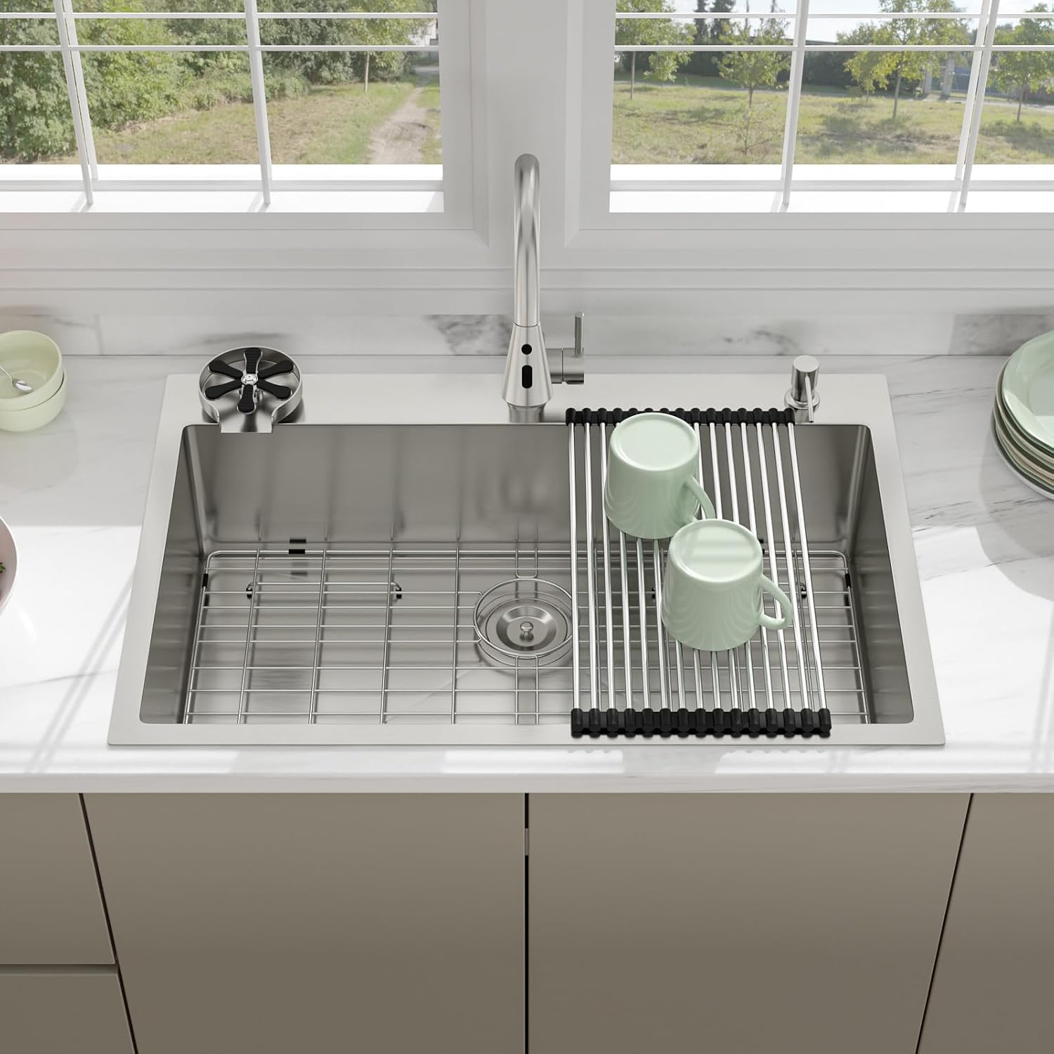 33 Drop In Kitchen Sink - Beslend 33x22 Kitchen Sink Drop In with Pull-Out Faucet, Stainless Steel Sinks and Soap Dispenser Topmount 16 Gauge Single Bowl Above Counter Dish Basin 9" Deep
