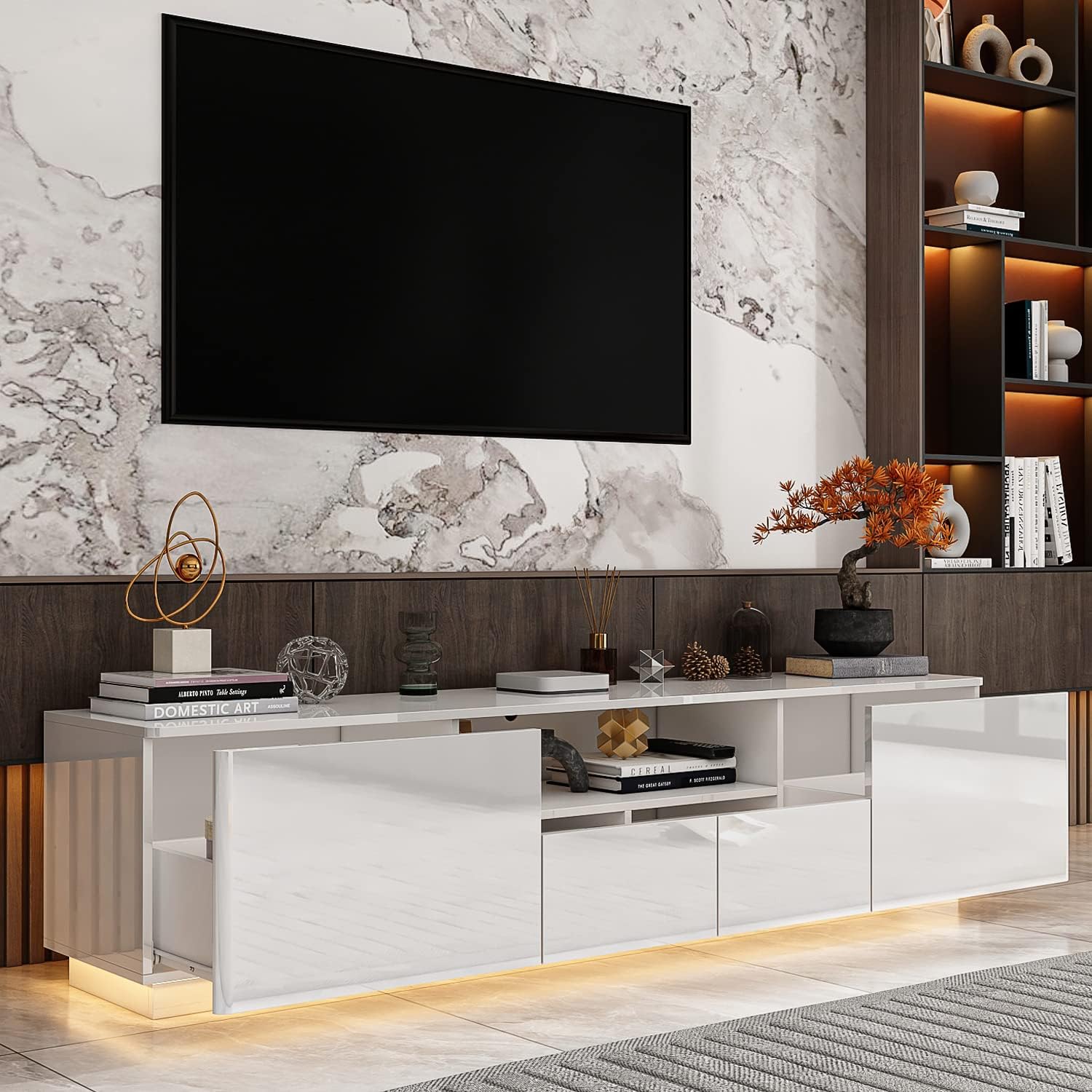 Homsee LED TV Stand for 75 inch TV, Modern Media Console Cabinet with Glossy Surface & 4 Drawers, Entertainment Center with Open Shelf for Living Room, White