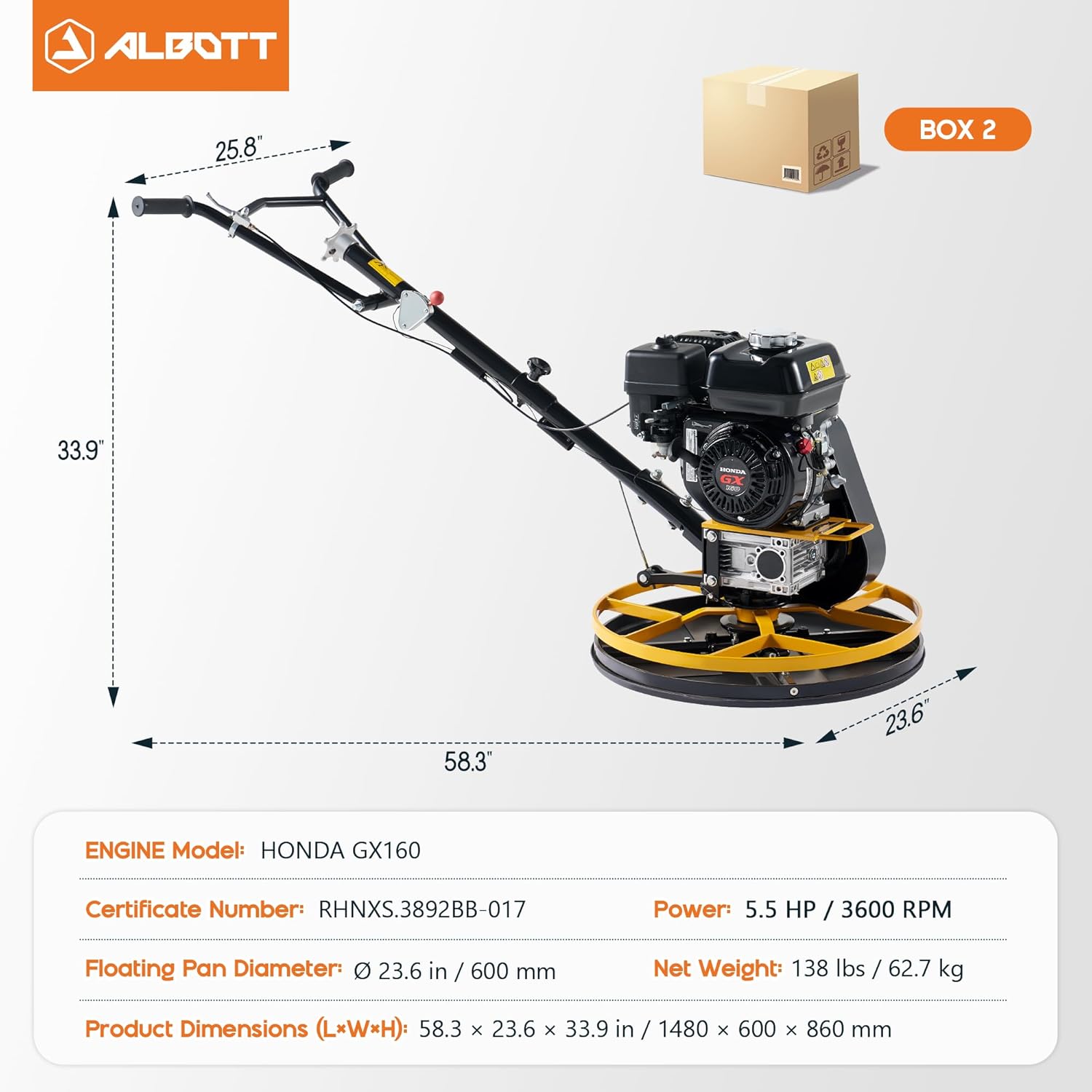 Albott 24" Power Trowel, 5.5 HP Honda Engine with Float Pan, Walk-Behind Concrete Trowel with 4 Blades, Gas-Powered Screed Cement Surface Finisher
