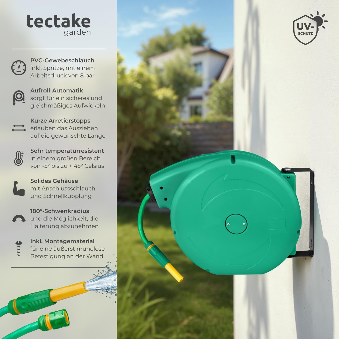 tectake® Schlauchtrommel Wandmontage, Gartenschlauch 1/2 Zoll, Wasserschlauch Aufroller, Schlauch Trommel mit Einzugsautomatik, Schlauchrolle, Wasserschlauchtrommel, Sprühschlauch, Hose Reel - 20m