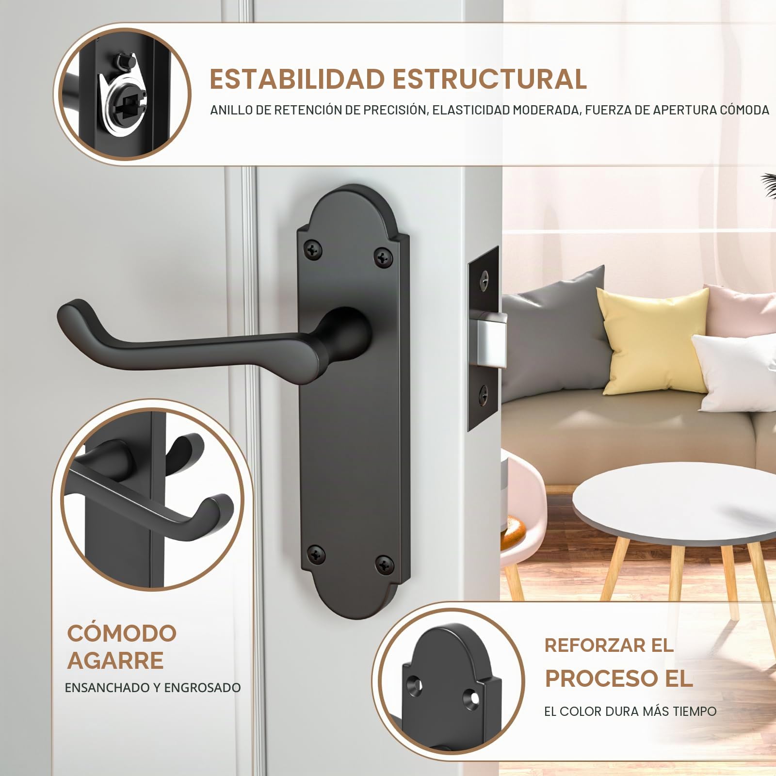 Bwintech 3 juegos de manillas Richmond en placa negro mate, herraje de pestillo, manillas de puerta con placa trasera, adecuadas para puertas de madera