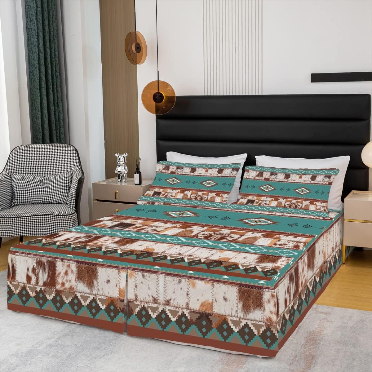 Cowhide Bed Skirt Western Bed Skirts for Queen Beds,Farm Animals Skin Bedskirt Southwest Style Native American Designs Geometric Bedding Decor,Patchwork Cow Print Country Western Room Decor