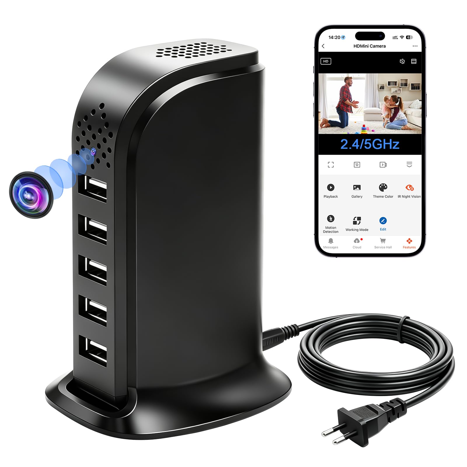 Cámara Oculta con WiFi 5G, Cámara Oculta con Cargador USB de 5 Puertos, Cámara Espía Oculta, Mini Cámara Oculta con WiFi HD 1080P con Detección de Movimiento y Visualización Remota