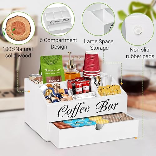 Miniatura 6 de Organizador de barra de café de madera para encimera con cajón, accesorios de estación, cesta de almacenamiento para vainas, organizador de